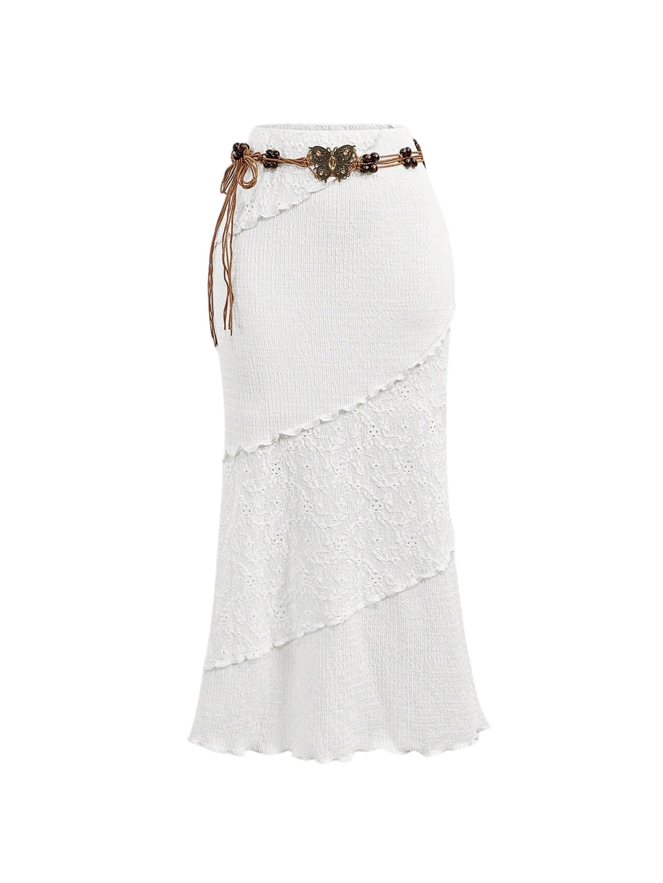 Milumia Women's Y2K Summer Boho Bodycon Long Skirts Crochet Knitted Lettuce Trim Midi Skirt with Belt
