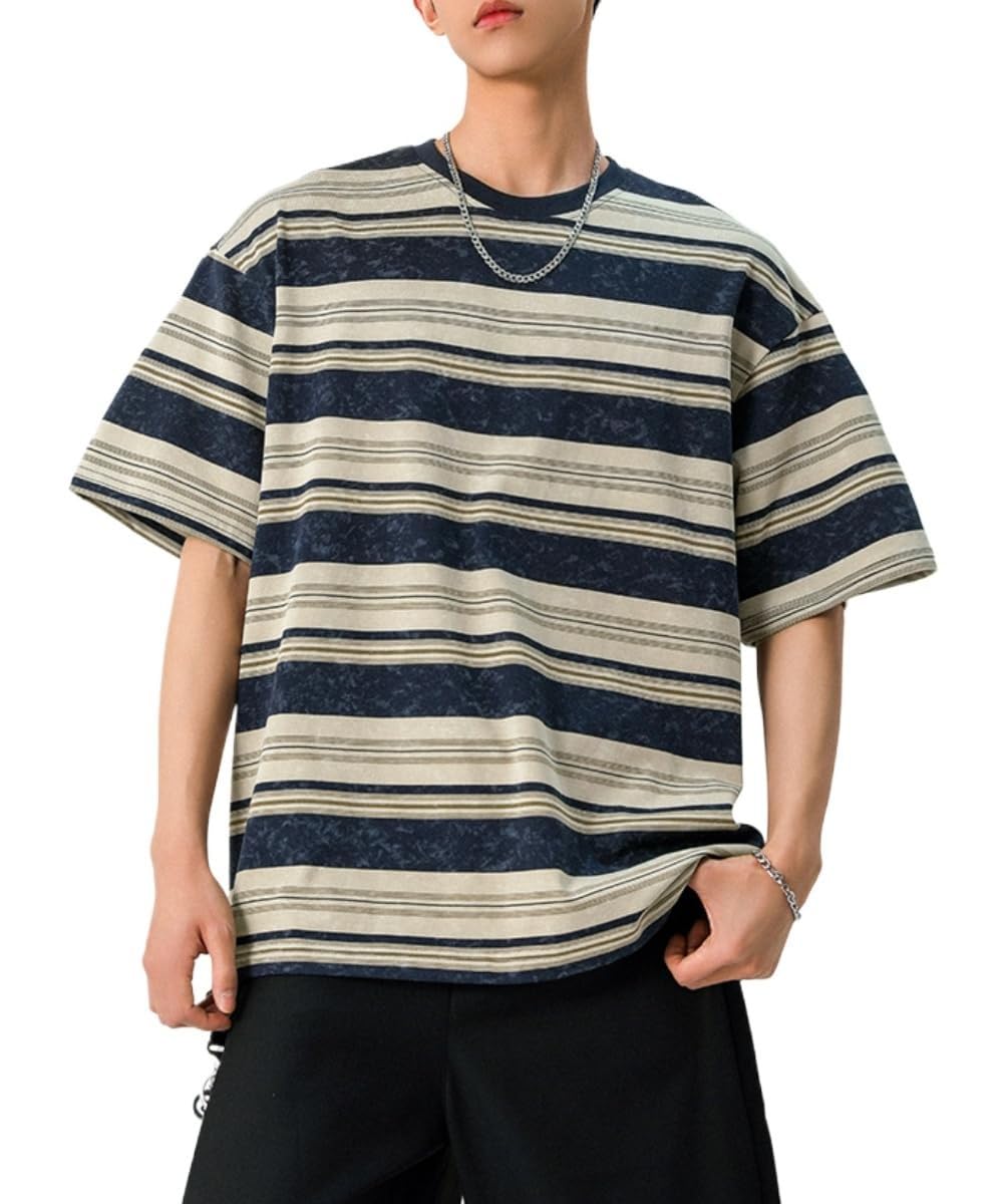 Men's Y2K Striped Baggy T-Shirt Alt Emo Summer Crewneck Short Sleeve Streetwear Top Harajuku Grunge Aesthetic Tees