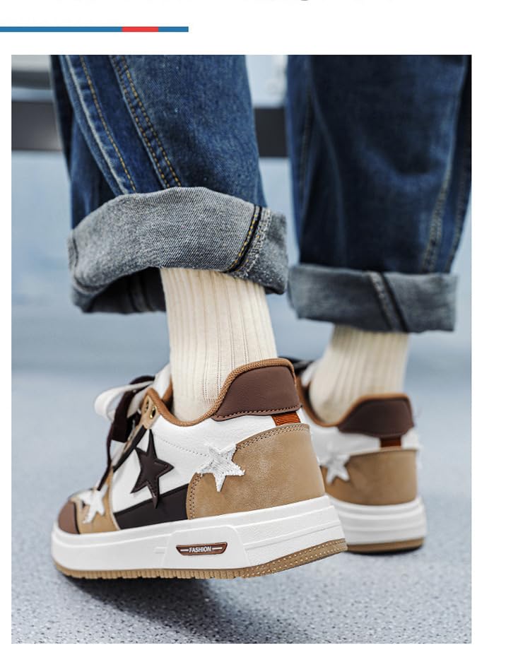 Y2K Retro Mixed Media Platform Skate Sneakers for Men Casual Streetwear Fashion with Raw Edge Distressed Star Applique