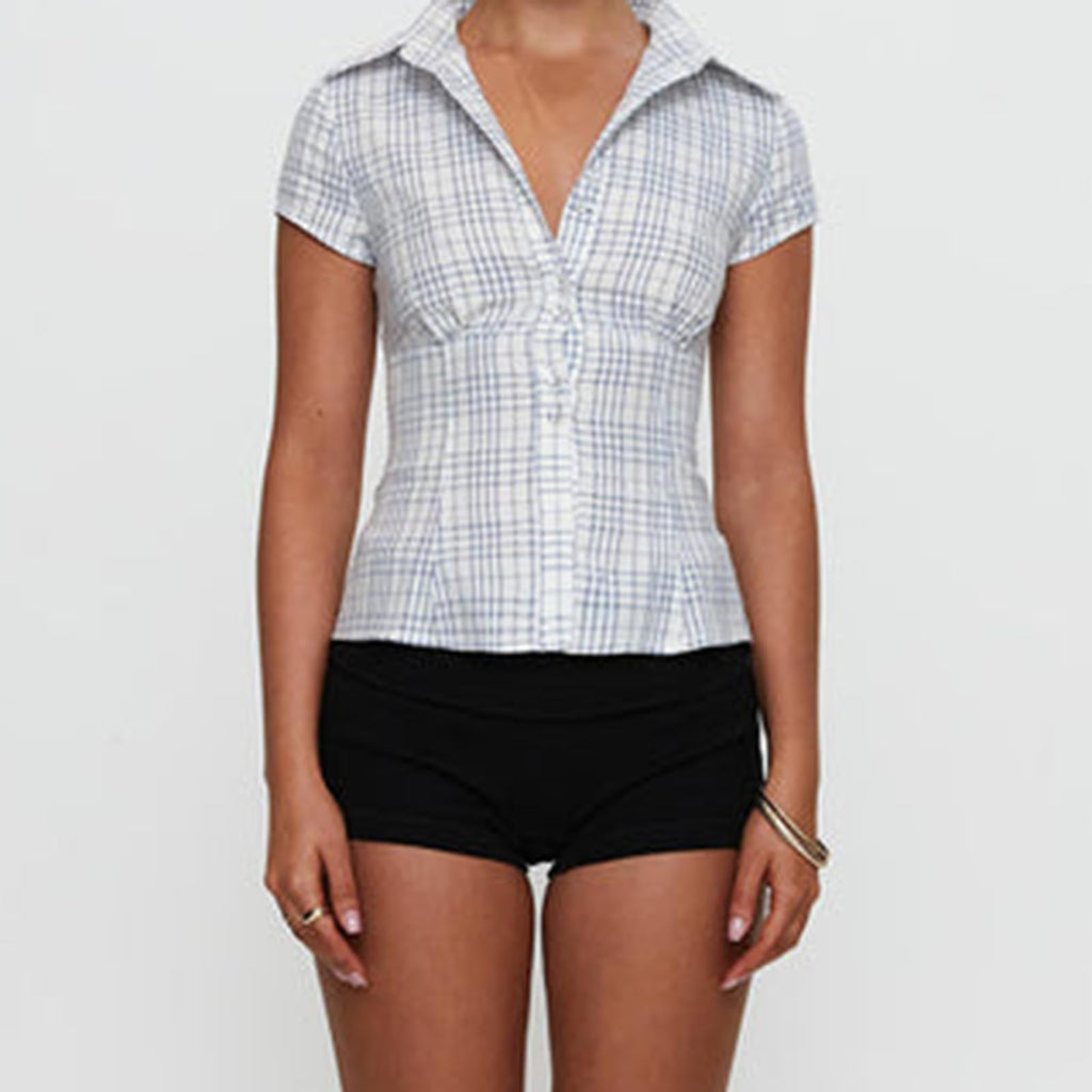Women Y2k Short Sleeve Button Up Shirt Lapel Collar V Neck Plaid Open Front Blouse Basic Casual Going Out T-Shirt