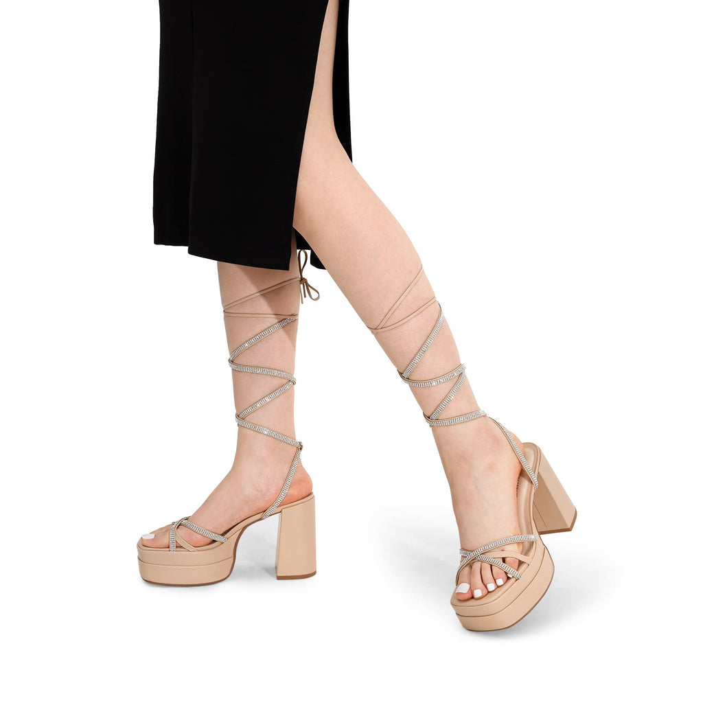 DREAM PAIRS Women's Lace Up Platform Heels Rhinestone High Strappy Chunky Sandal Y2K Shoe for Club Party Date Prom