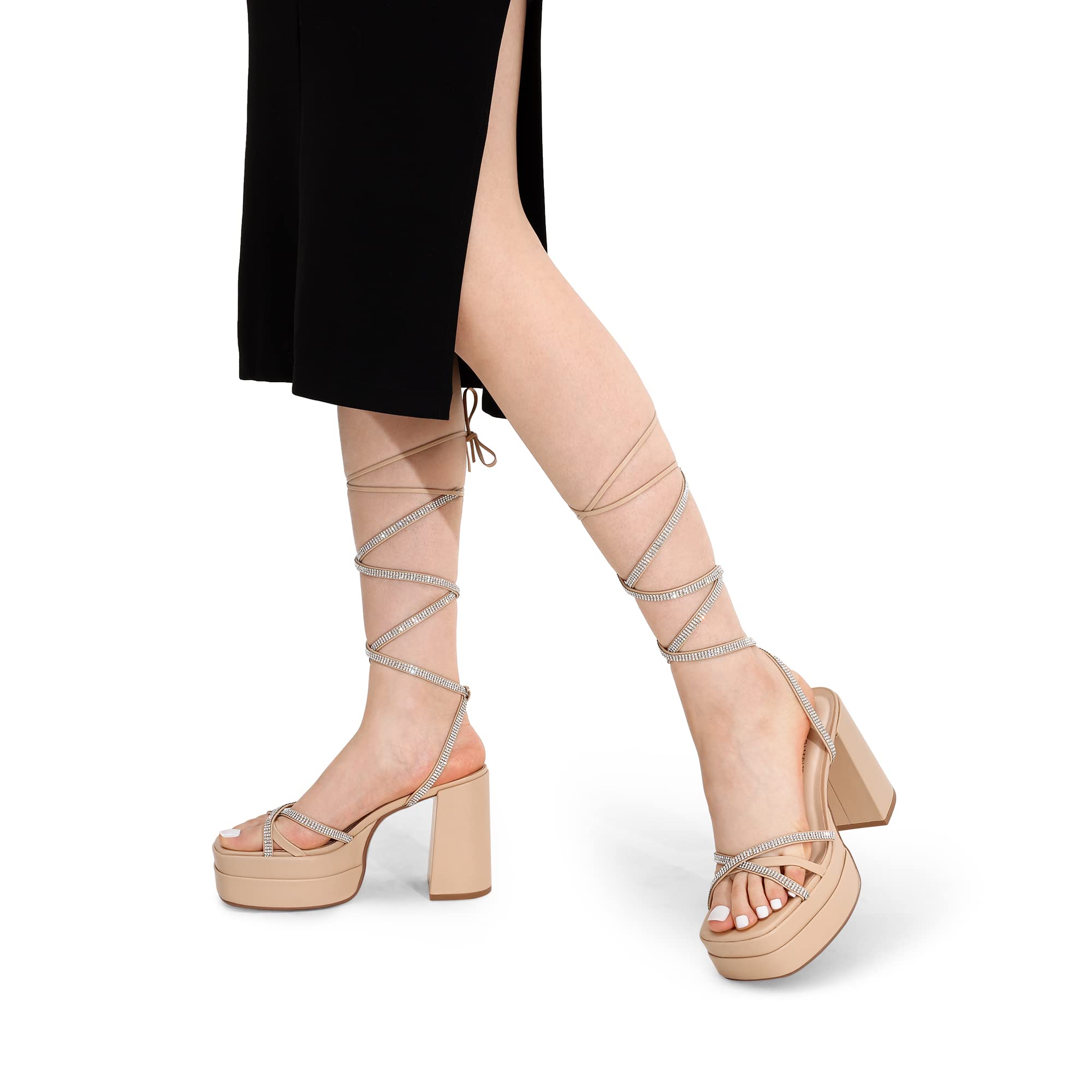 DREAM PAIRS Women's Lace Up Platform Heels Rhinestone High Strappy Chunky Sandal Y2K Shoe for Club Party Date Prom
