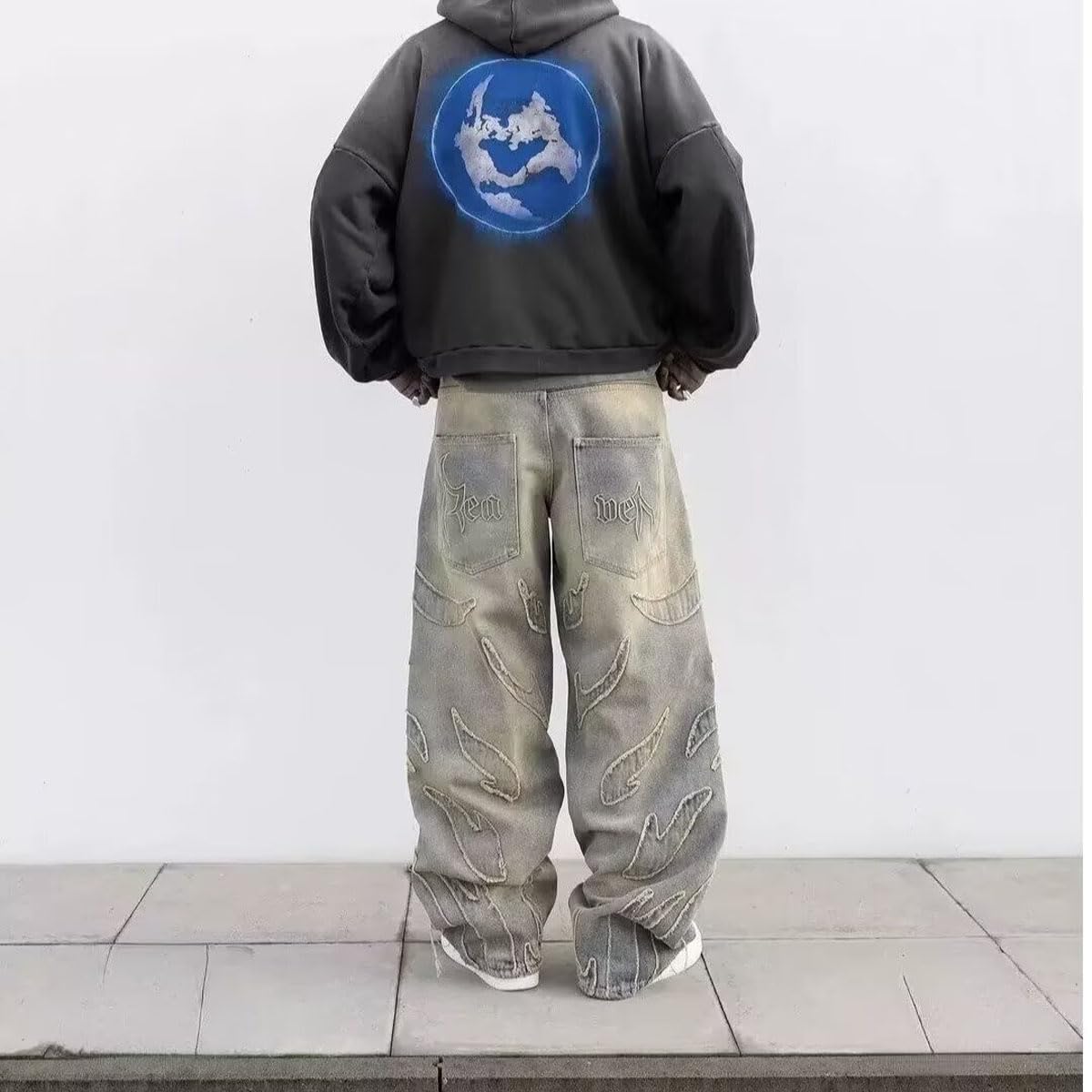 Y2K Men's Street Retro Hip-hop Flame Splicing Wide Leg Gothic Loose Jeans