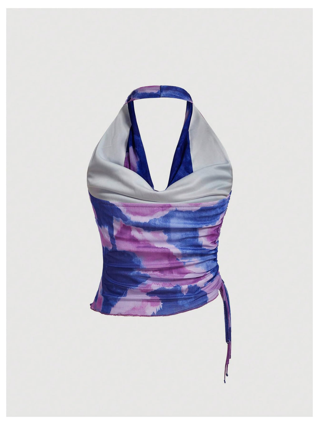 SHENHE Women's Tie Dye Halter Neck Draped Front Ruched Drawstring Backless Crop Top