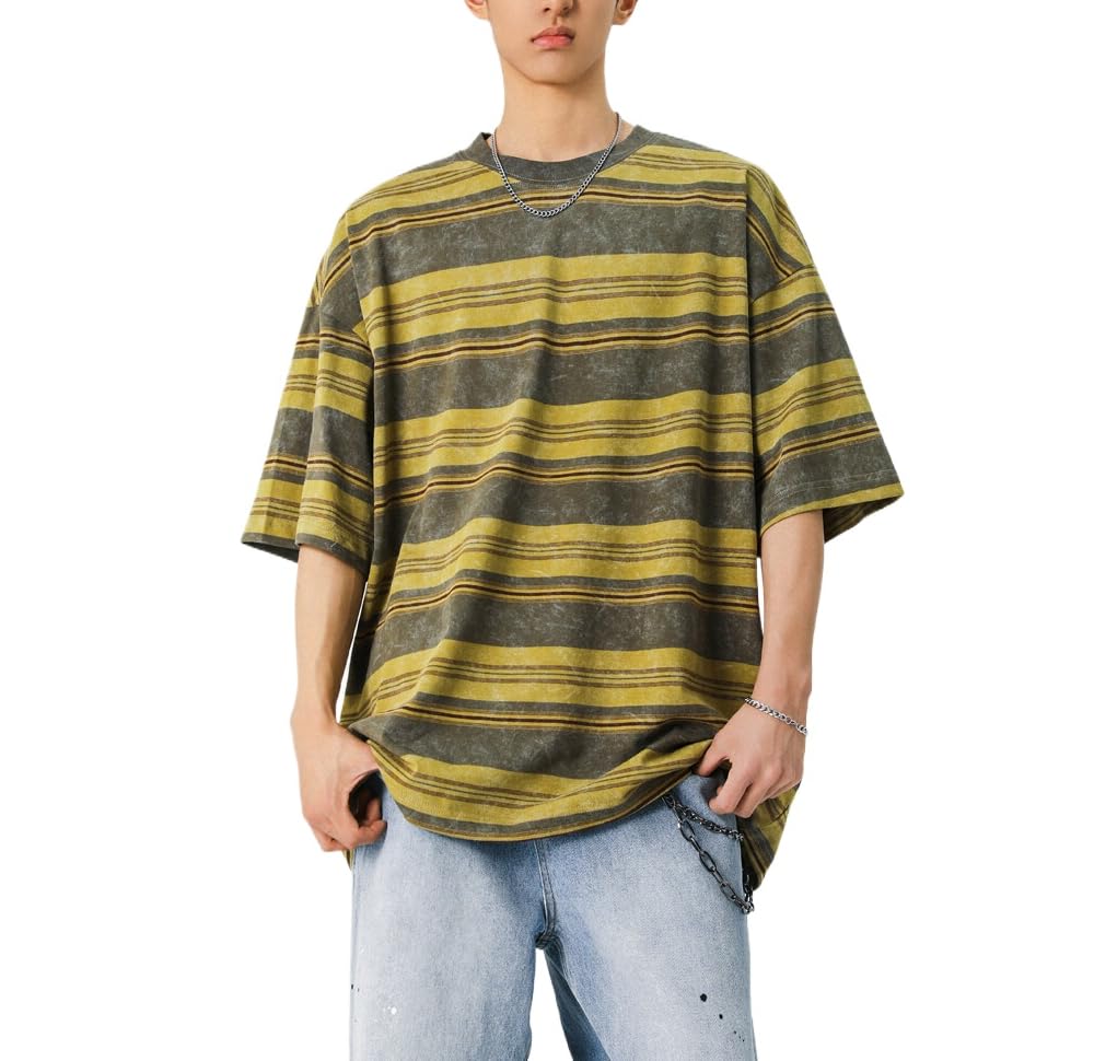 Men's Y2K Striped Baggy T-Shirt Alt Emo Summer Crewneck Short Sleeve Streetwear Top Harajuku Grunge Aesthetic Tees