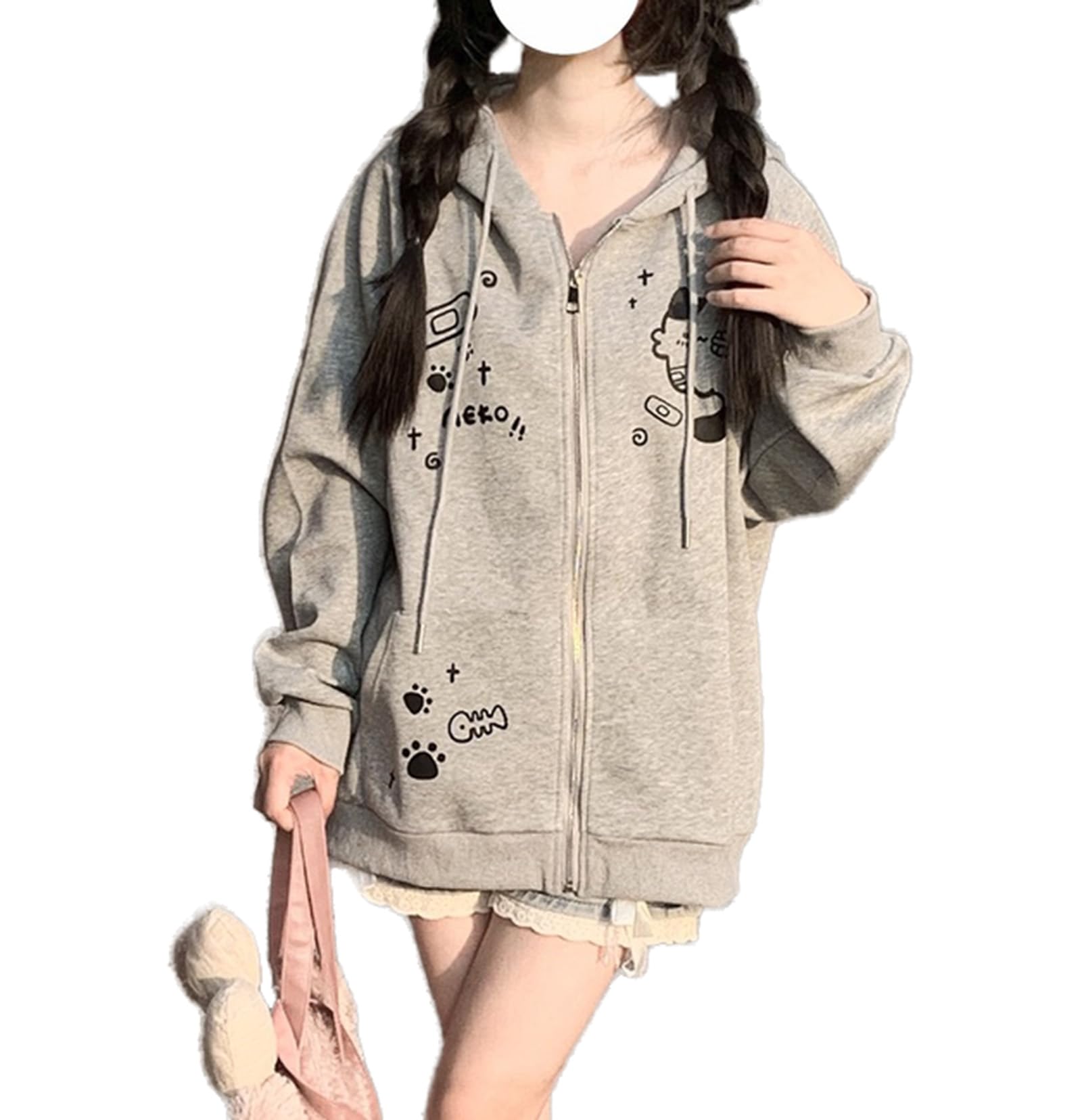 Womens Y2K Zip Up Cute Graphic Hoodies Cat Ears Casual Cartoon Harajuku Kawaii Clothes Oversize Streetwear Jacket