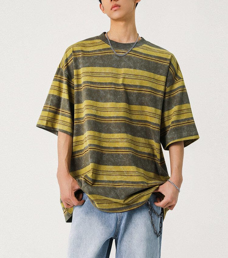 Men's Y2K Striped Baggy T-Shirt Alt Emo Summer Crewneck Short Sleeve Streetwear Top Harajuku Grunge Aesthetic Tees