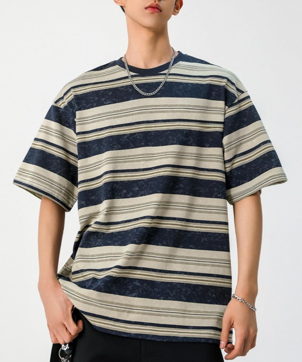 Men's Y2K Striped Baggy T-Shirt Alt Emo Summer Crewneck Short Sleeve Streetwear Top Harajuku Grunge Aesthetic Tees