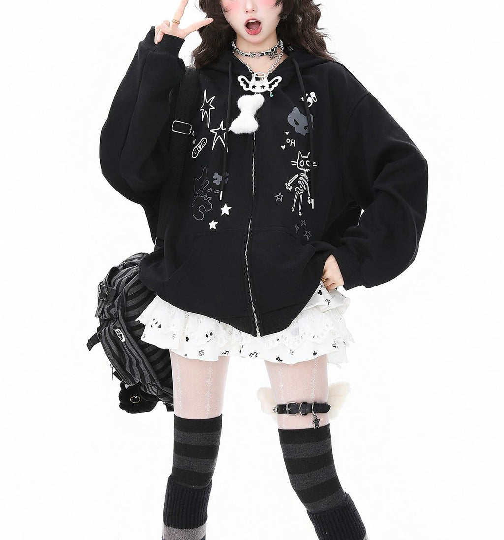 Womens Y2K Zip Up Cute Graphic Hoodies Cat Ears Casual Cartoon Harajuku Kawaii Clothes Oversize Streetwear Jacket