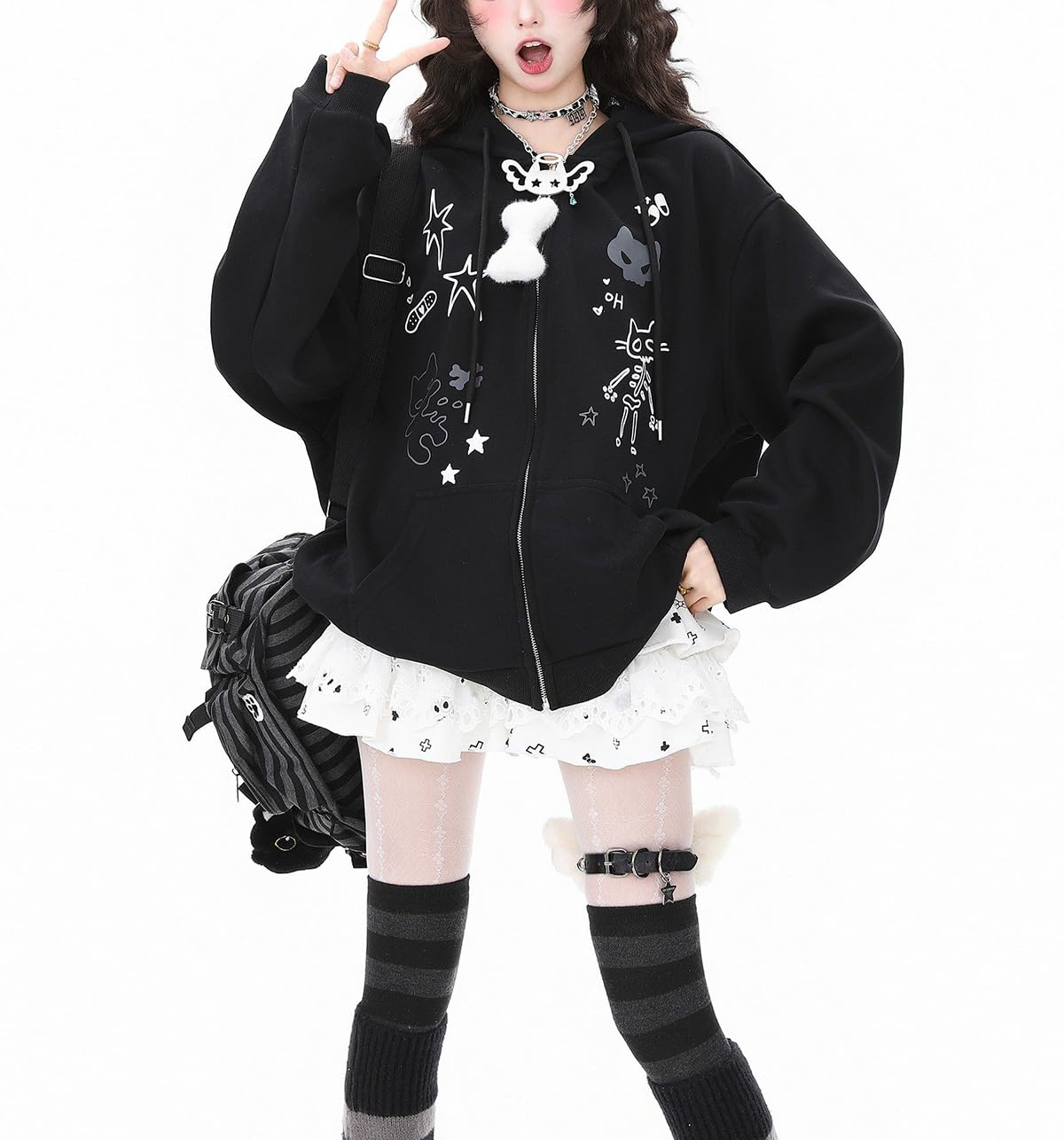 Womens Y2K Zip Up Cute Graphic Hoodies Cat Ears Casual Cartoon Harajuku Kawaii Clothes Oversize Streetwear Jacket