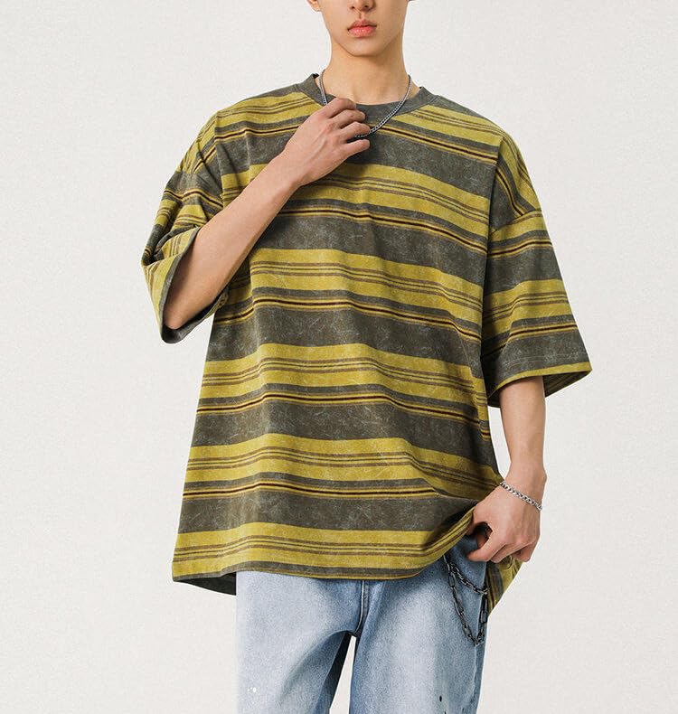 Men's Y2K Striped Baggy T-Shirt Alt Emo Summer Crewneck Short Sleeve Streetwear Top Harajuku Grunge Aesthetic Tees