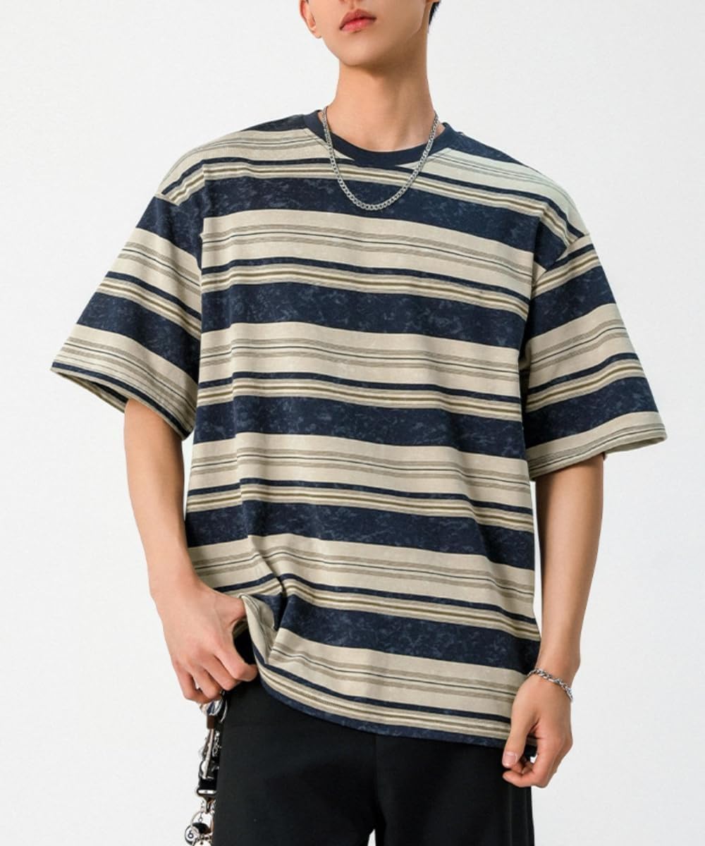Men's Y2K Striped Baggy T-Shirt Alt Emo Summer Crewneck Short Sleeve Streetwear Top Harajuku Grunge Aesthetic Tees