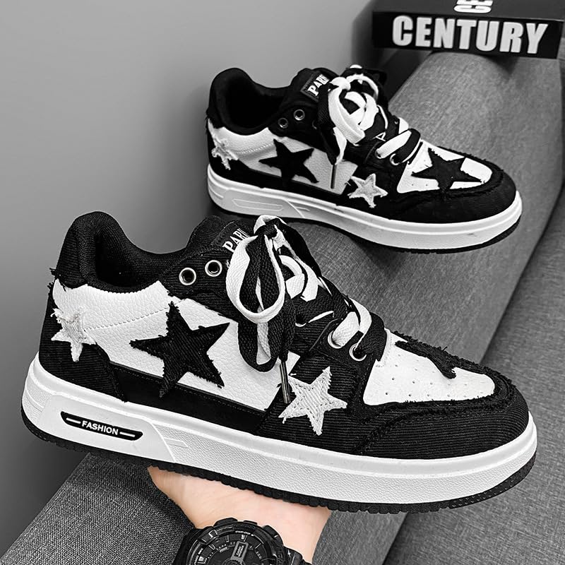 Y2K Retro Mixed Media Platform Skate Sneakers for Men Casual Streetwear Fashion with Raw Edge Distressed Star Applique