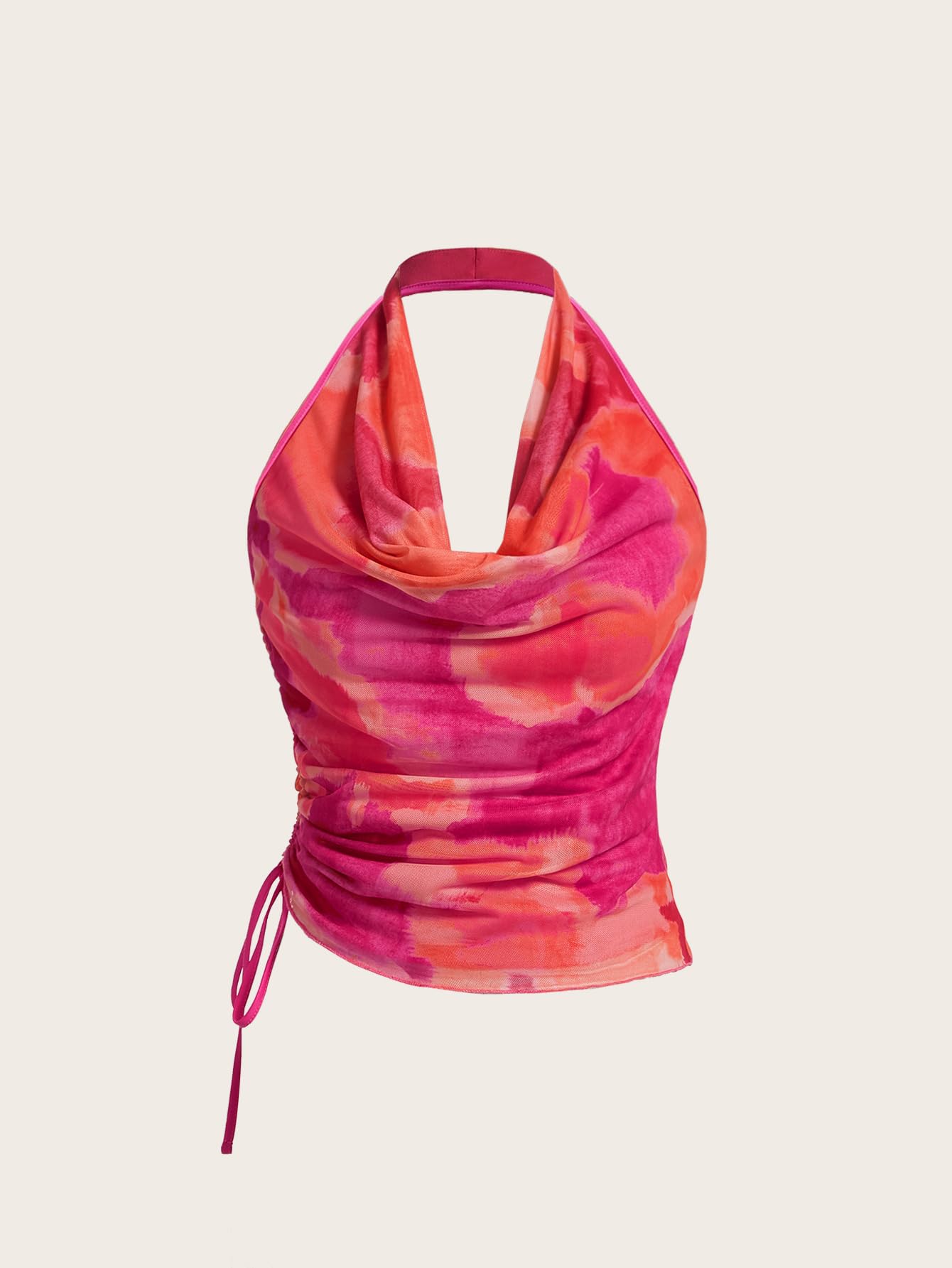 SHENHE Women's Tie Dye Halter Neck Draped Front Ruched Drawstring Backless Crop Top