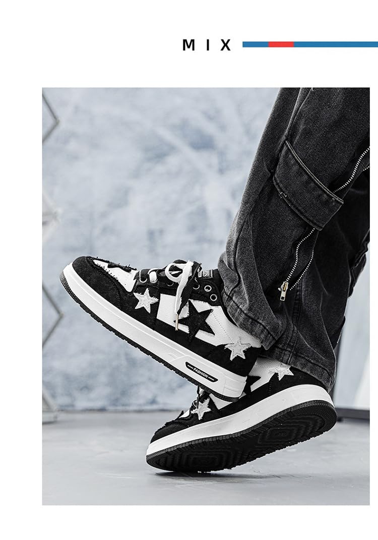 Y2K Retro Mixed Media Platform Skate Sneakers for Men Casual Streetwear Fashion with Raw Edge Distressed Star Applique