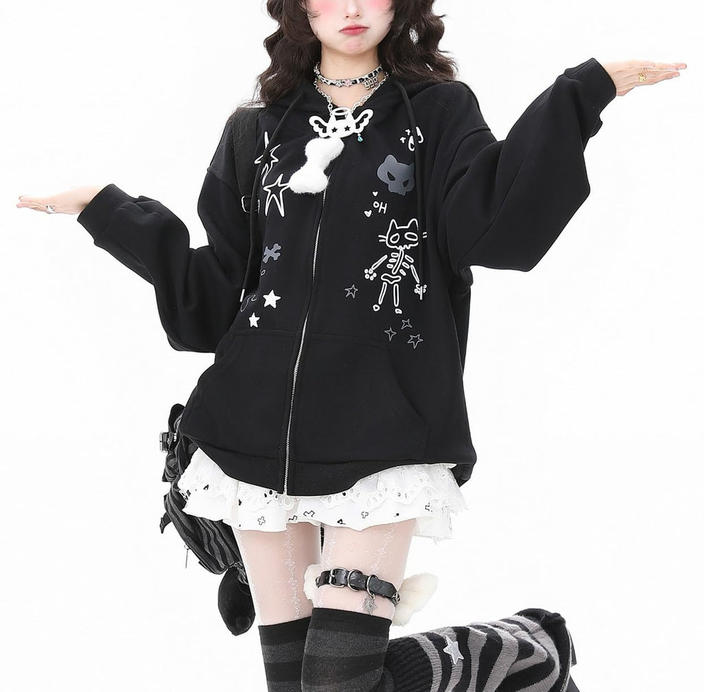 Womens Y2K Zip Up Cute Graphic Hoodies Cat Ears Casual Cartoon Harajuku Kawaii Clothes Oversize Streetwear Jacket