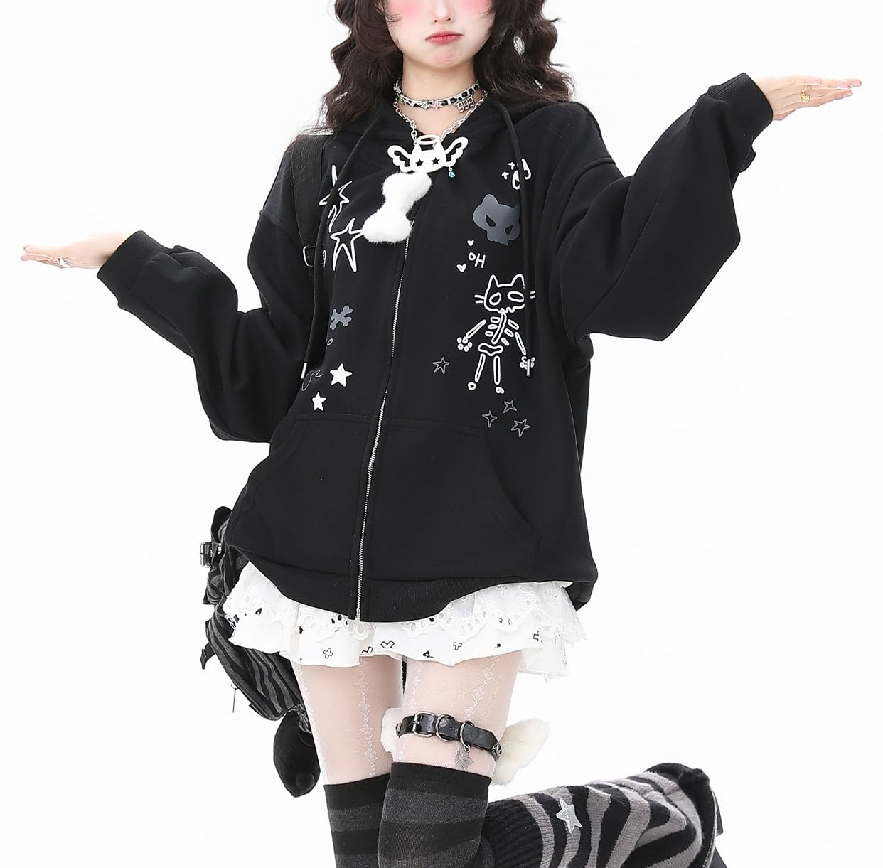 Womens Y2K Zip Up Cute Graphic Hoodies Cat Ears Casual Cartoon Harajuku Kawaii Clothes Oversize Streetwear Jacket