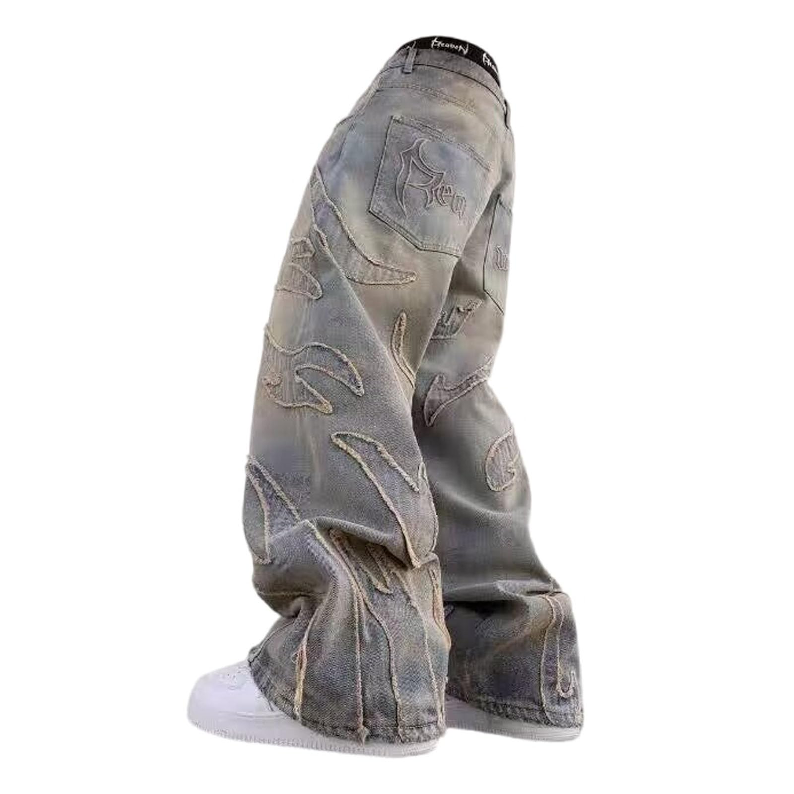 Y2K Men's Street Retro Hip-hop Flame Splicing Wide Leg Gothic Loose Jeans