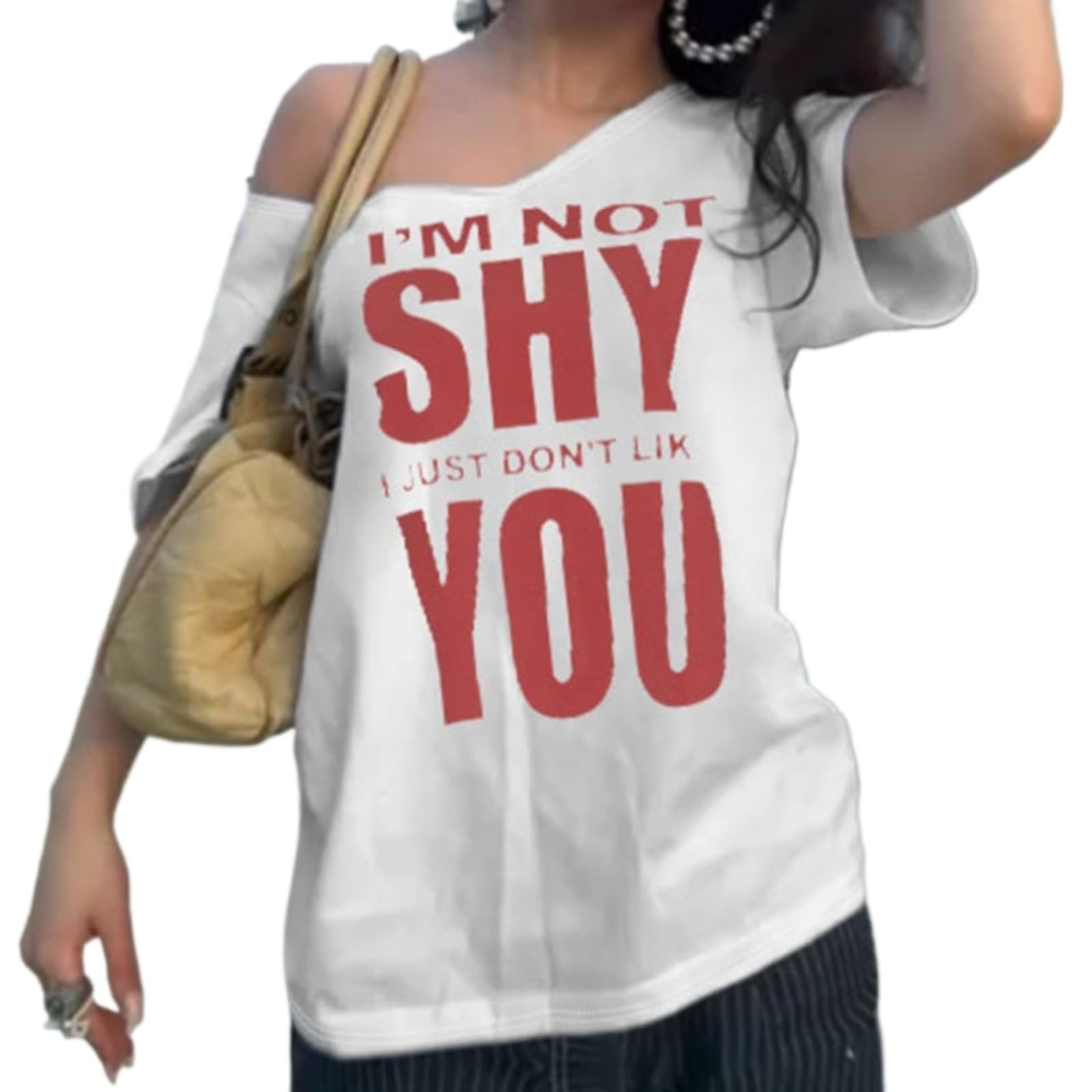 Off The Shoulder Cute Shirts for Women Oversized Tshirt Y2k Graphic Tee Lips Print Baggy Shirts Vintage Tops