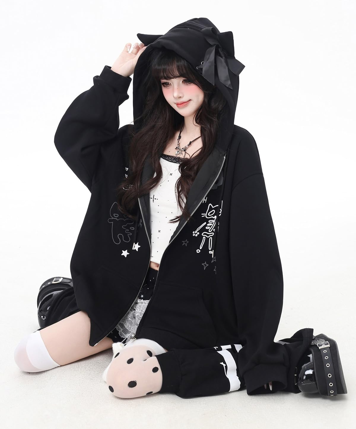 Womens Y2K Zip Up Cute Graphic Hoodies Cat Ears Casual Cartoon Harajuku Kawaii Clothes Oversize Streetwear Jacket