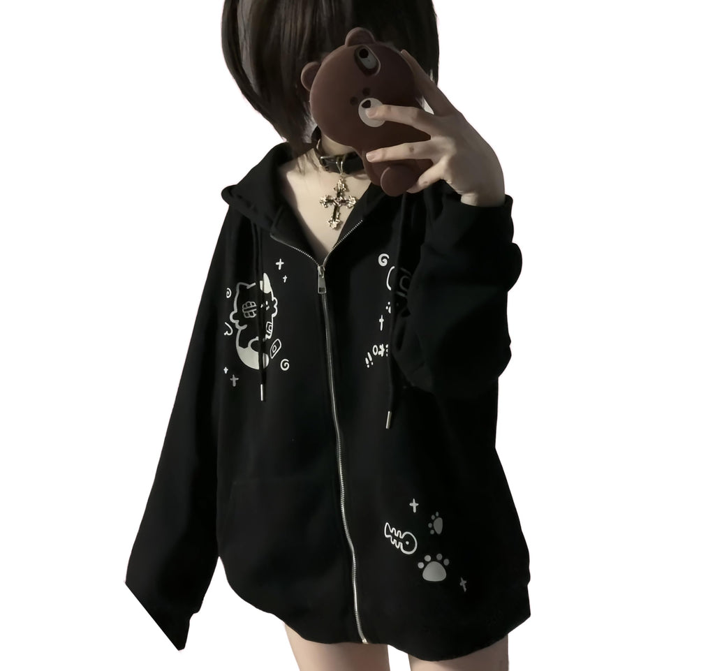 Womens Y2K Zip Up Cute Graphic Hoodies Cat Ears Casual Cartoon Harajuku Kawaii Clothes Oversize Streetwear Jacket