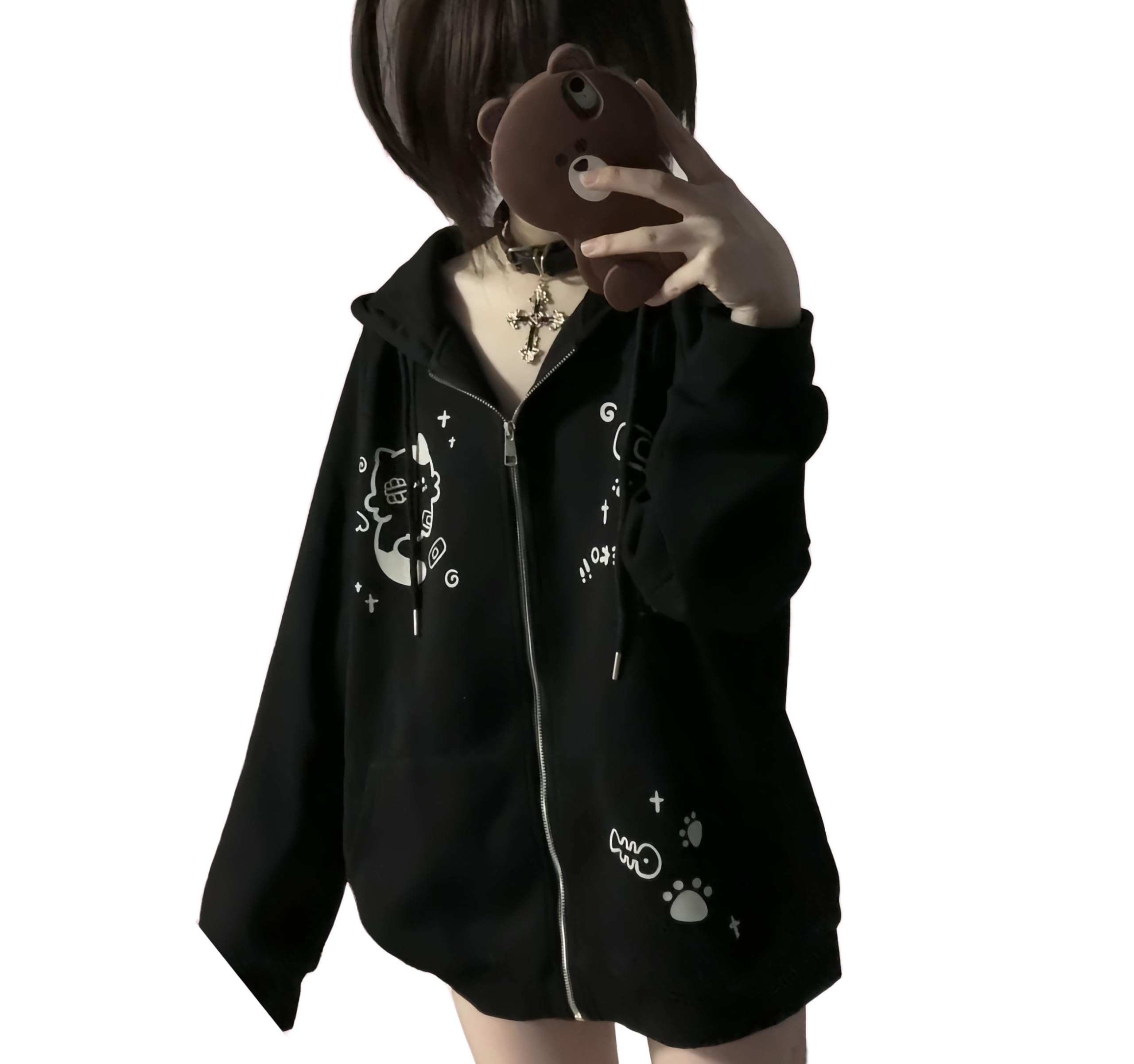 Womens Y2K Zip Up Cute Graphic Hoodies Cat Ears Casual Cartoon Harajuku Kawaii Clothes Oversize Streetwear Jacket