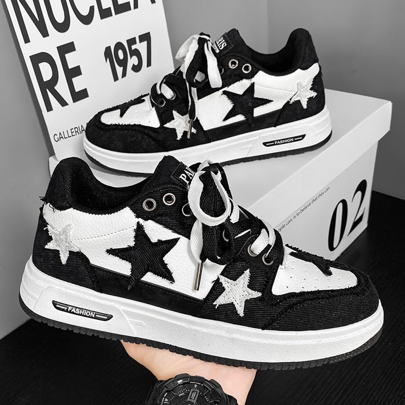 Y2K Retro Mixed Media Platform Skate Sneakers for Men Casual Streetwear Fashion with Raw Edge Distressed Star Applique
