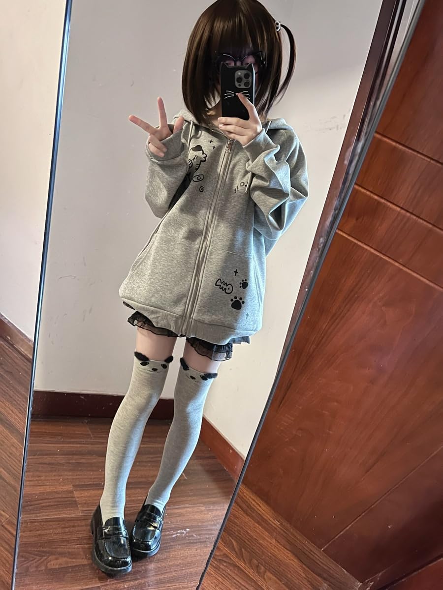 Womens Y2K Zip Up Cute Graphic Hoodies Cat Ears Casual Cartoon Harajuku Kawaii Clothes Oversize Streetwear Jacket