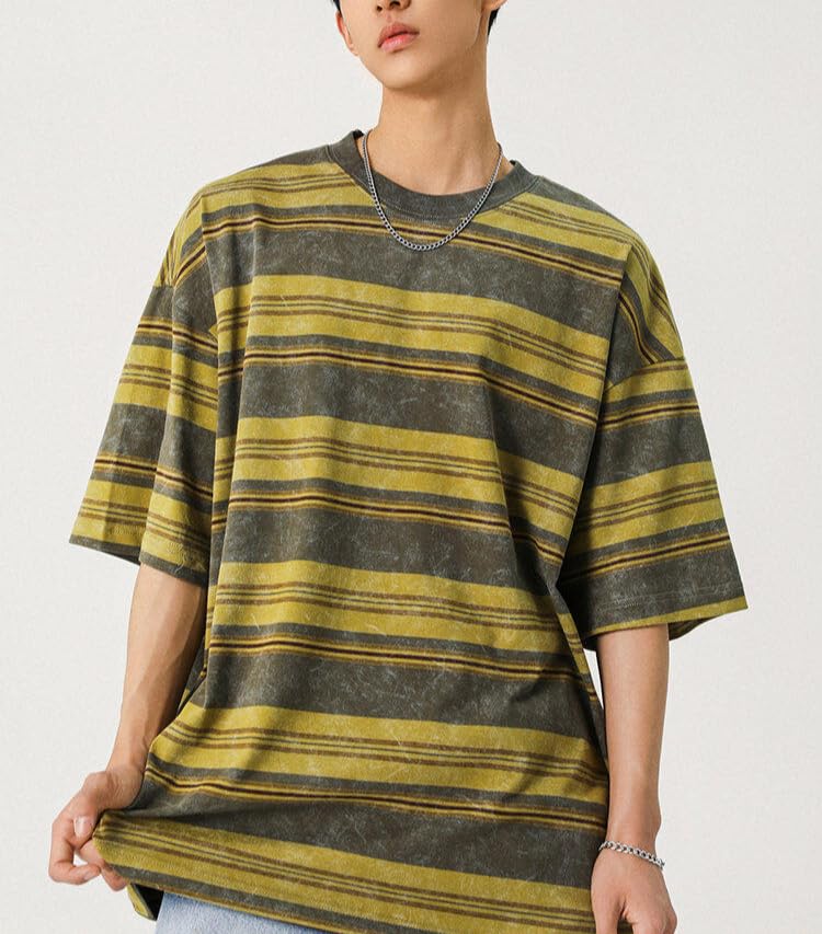 Men's Y2K Striped Baggy T-Shirt Alt Emo Summer Crewneck Short Sleeve Streetwear Top Harajuku Grunge Aesthetic Tees