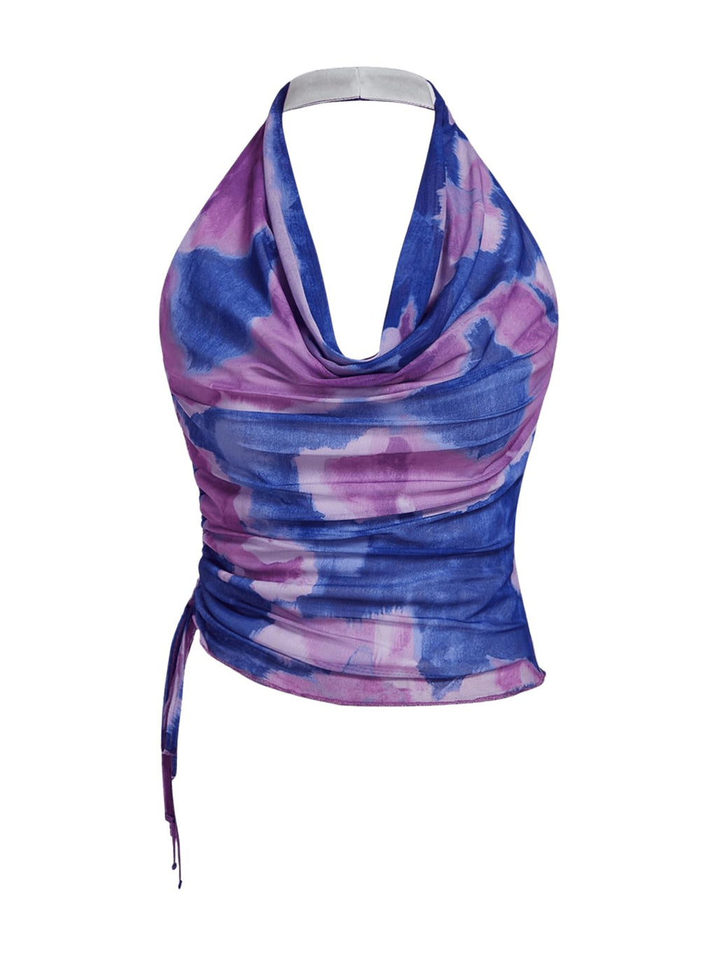 SHENHE Women's Tie Dye Halter Neck Draped Front Ruched Drawstring Backless Crop Top