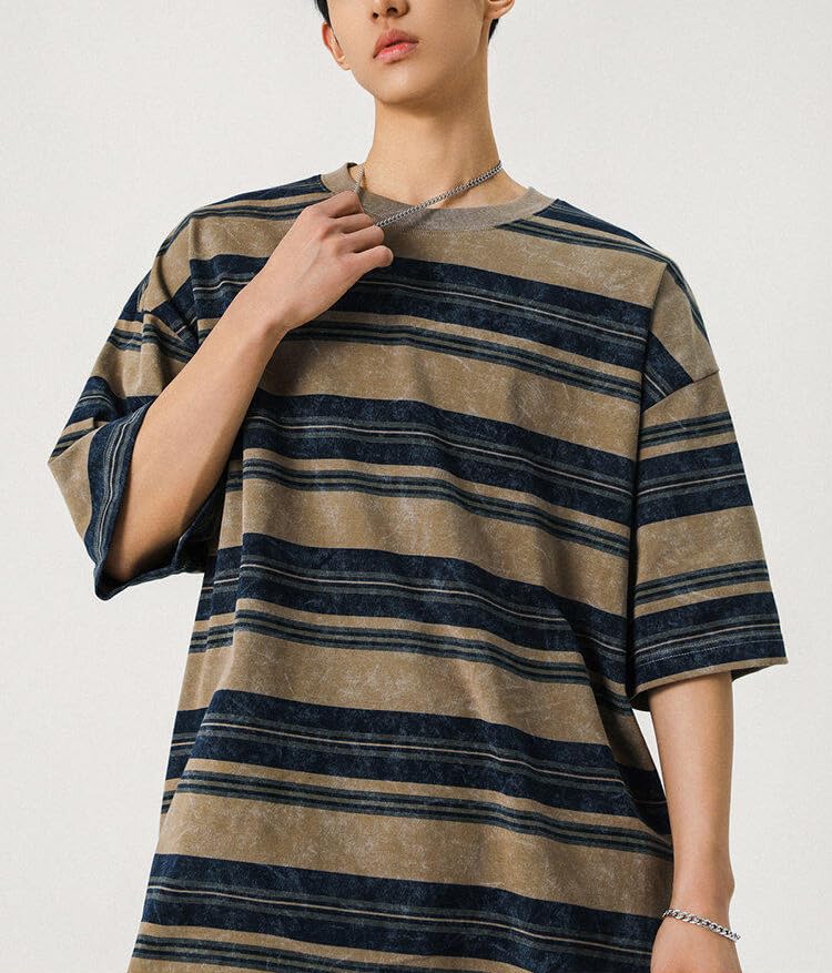 Men's Y2K Striped Baggy T-Shirt Alt Emo Summer Crewneck Short Sleeve Streetwear Top Harajuku Grunge Aesthetic Tees