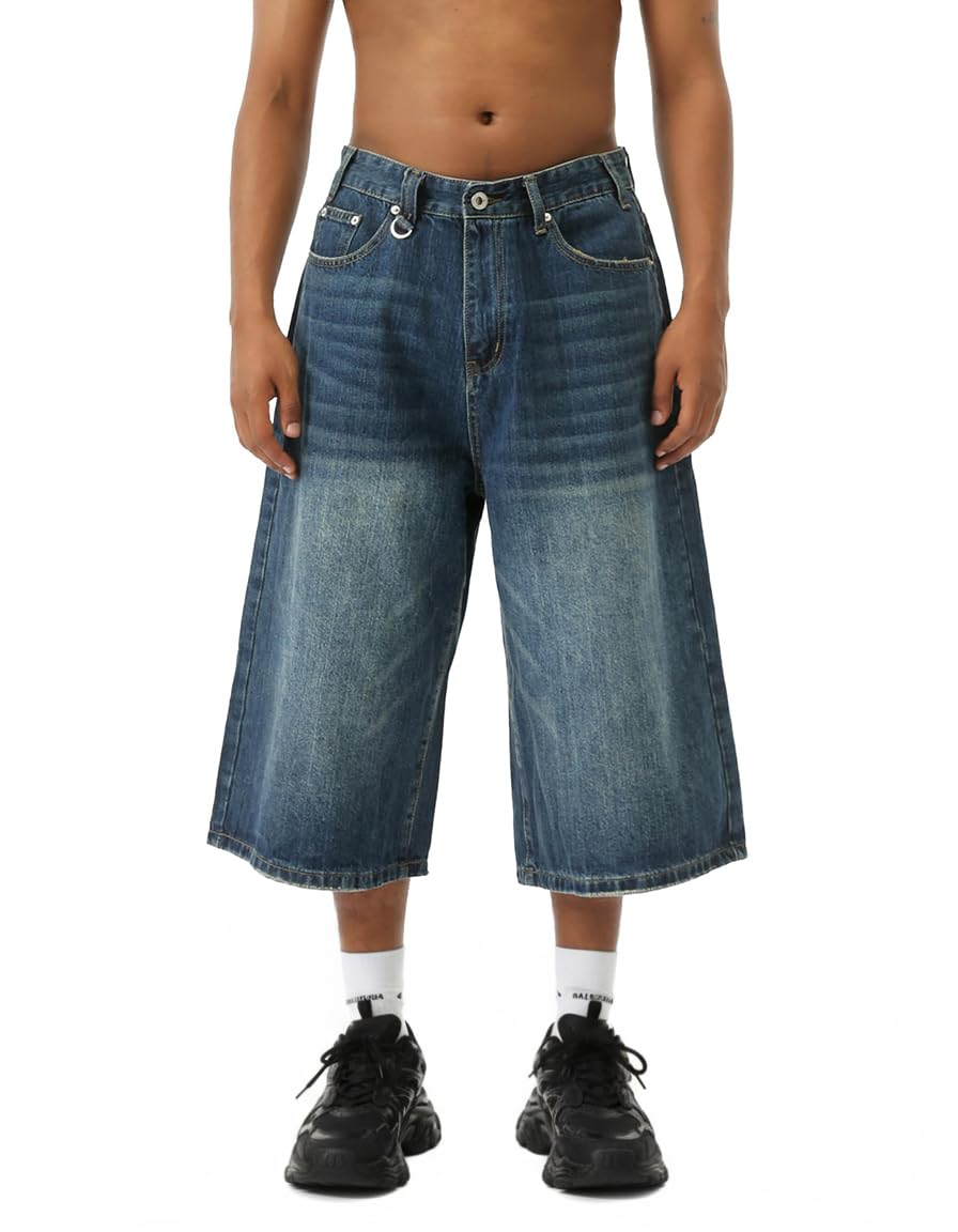 EMMIOL Baggy Jean Shorts Men, Y2k Jorts Cargo Ripped Elastic Waist, Mens Denim Shorts Comfy Casual Streetwear Summer
