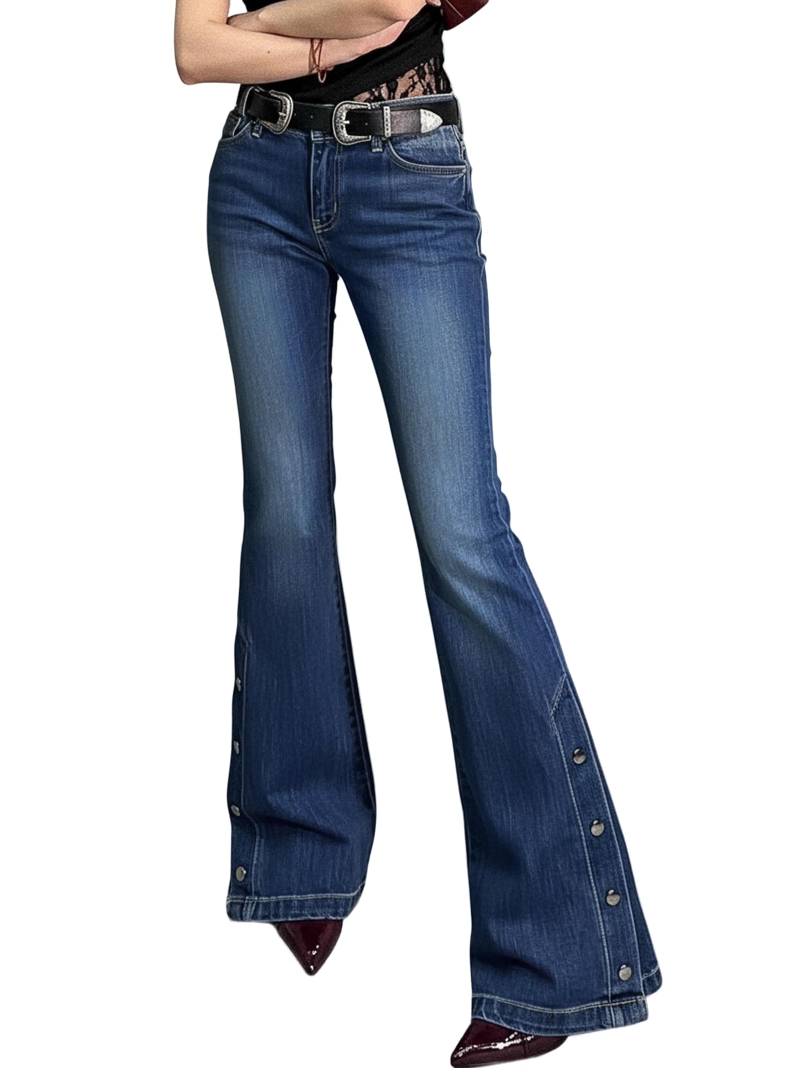 Women Bell Bottom Jeans Stretchy Flare Mid Rise Embroidery Vintage Denim Pants 90s Outfits Y2k Clothes