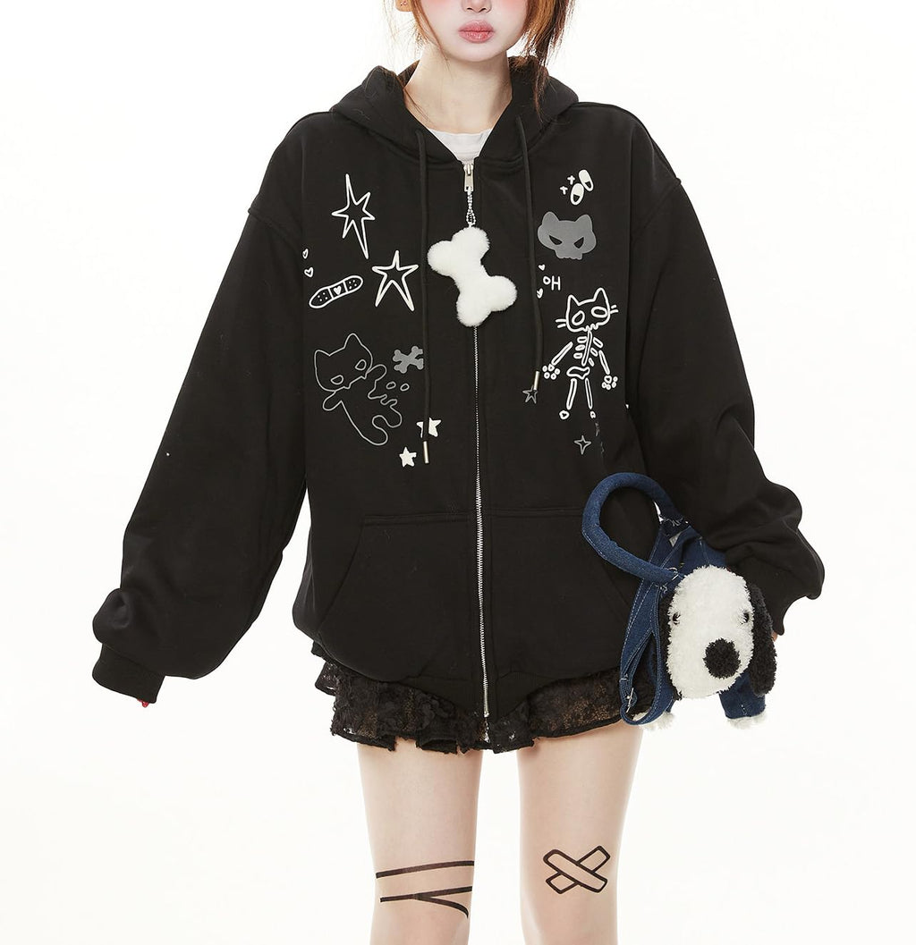 Womens Y2K Zip Up Cute Graphic Hoodies Cat Ears Casual Cartoon Harajuku Kawaii Clothes Oversize Streetwear Jacket