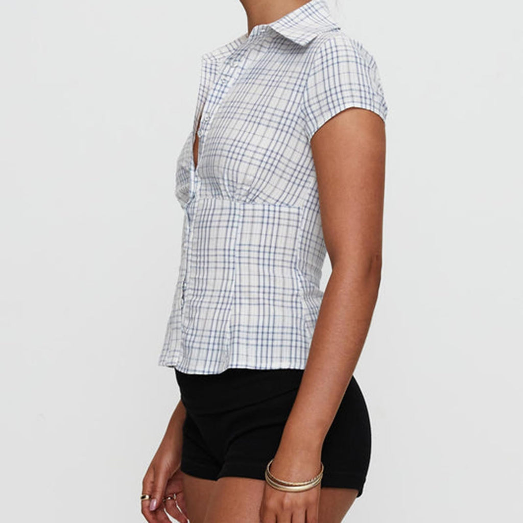 Women Y2k Short Sleeve Button Up Shirt Lapel Collar V Neck Plaid Open Front Blouse Basic Casual Going Out T-Shirt
