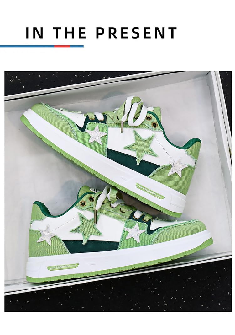 Y2K Retro Mixed Media Platform Skate Sneakers for Men Casual Streetwear Fashion with Raw Edge Distressed Star Applique