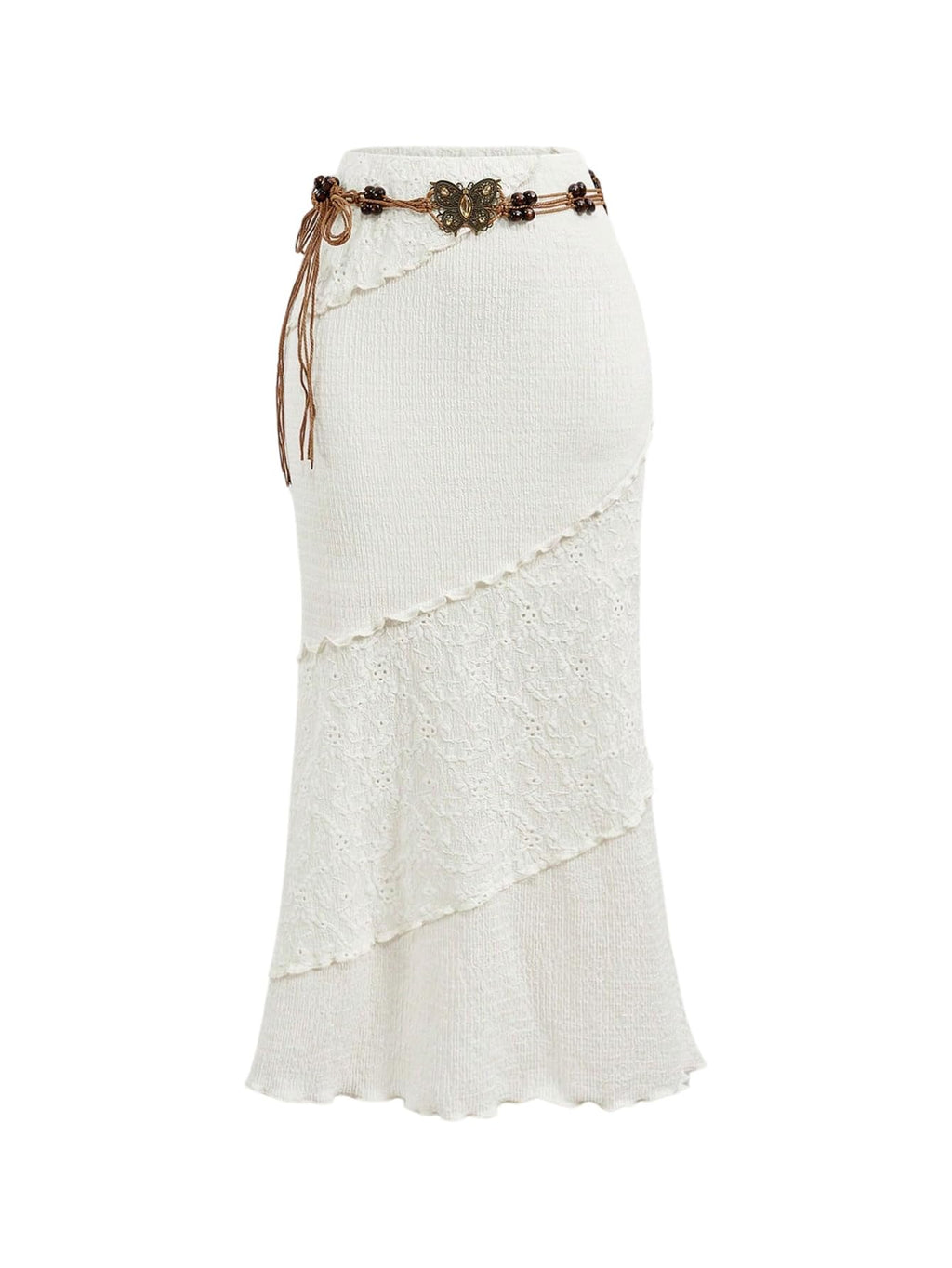 Milumia Women's Y2K Summer Boho Bodycon Long Skirts Crochet Knitted Lettuce Trim Midi Skirt with Belt