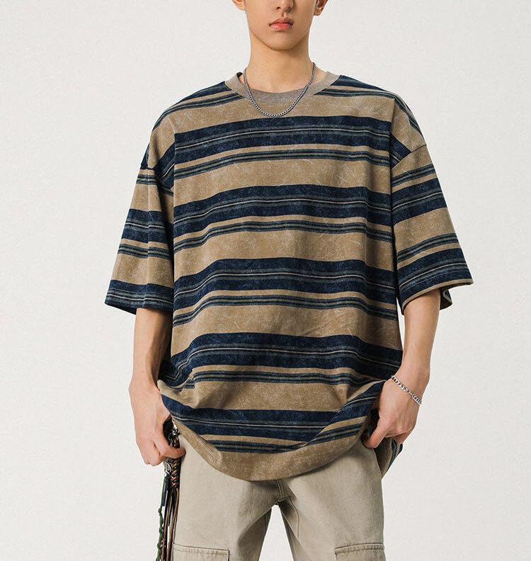 Men's Y2K Striped Baggy T-Shirt Alt Emo Summer Crewneck Short Sleeve Streetwear Top Harajuku Grunge Aesthetic Tees