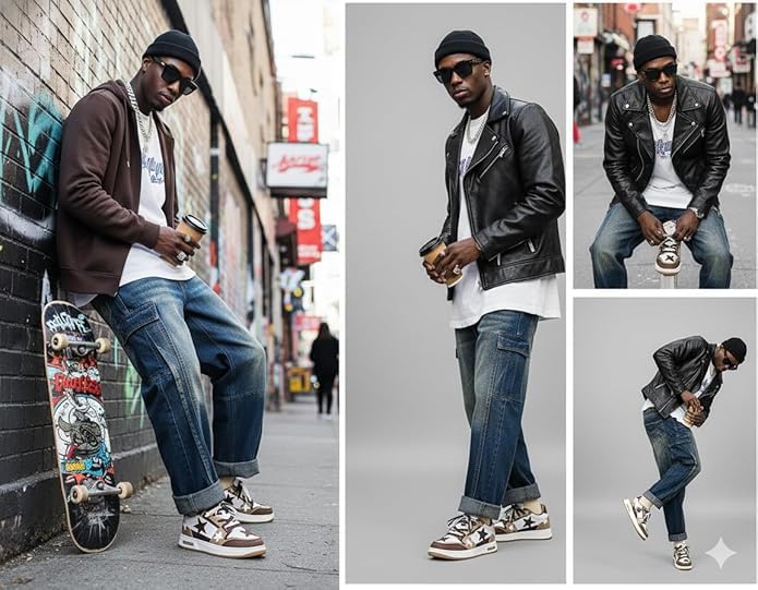 Y2K Retro Mixed Media Platform Skate Sneakers for Men Casual Streetwear Fashion with Raw Edge Distressed Star Applique