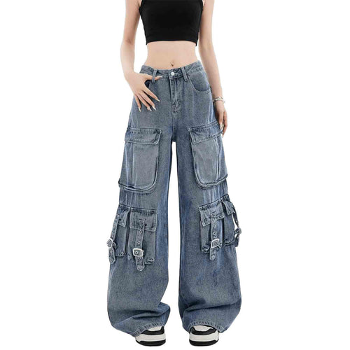 BXCNCKD Women's Retro Washed Workwear Jeans, Multi Pocket Street Loose Wide Leg Jeans, Y2K Jeans
