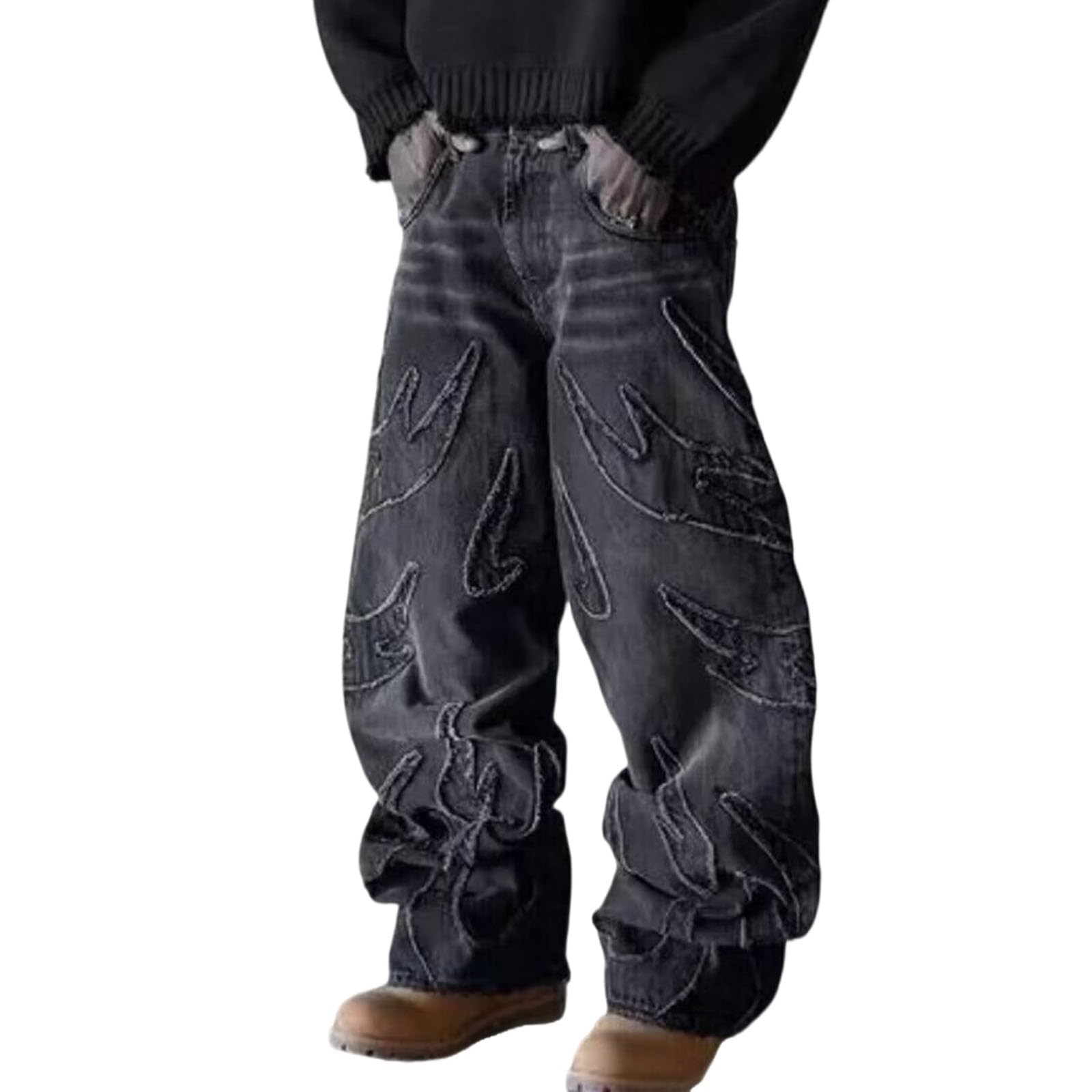 Y2K Men's Street Retro Hip-hop Flame Splicing Wide Leg Gothic Loose Jeans