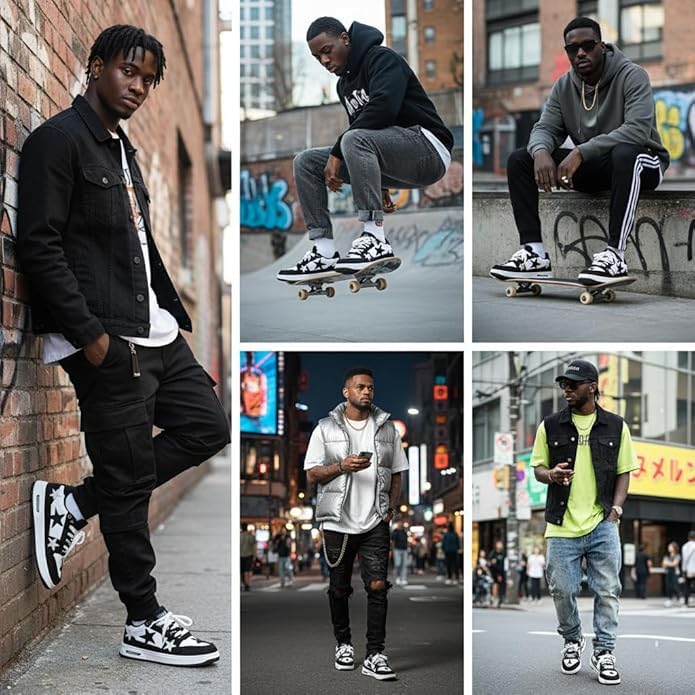 Y2K Retro Mixed Media Platform Skate Sneakers for Men Casual Streetwear Fashion with Raw Edge Distressed Star Applique