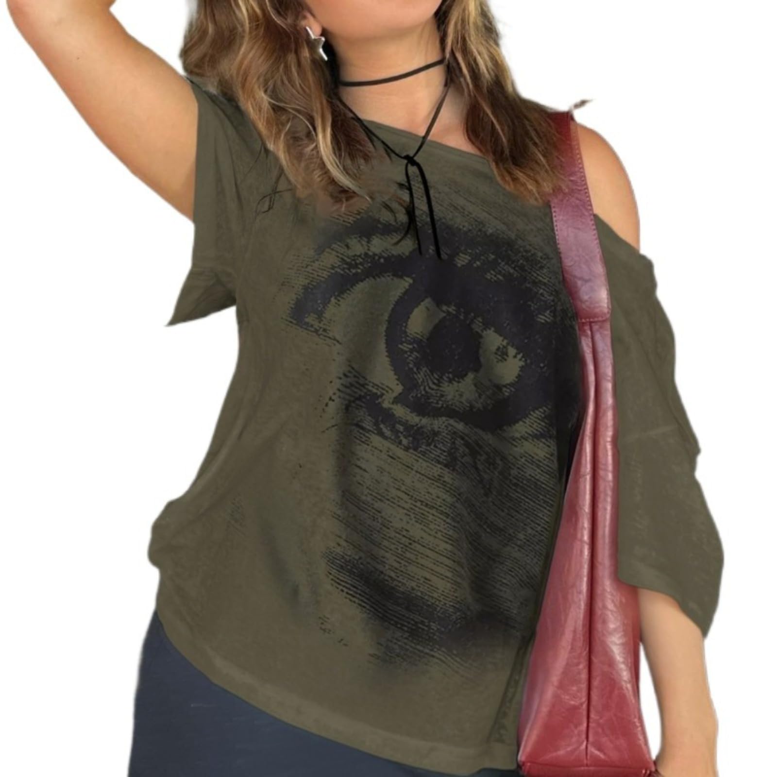 Off The Shoulder Cute Shirts for Women Oversized Tshirt Y2k Graphic Tee Lips Print Baggy Shirts Vintage Tops