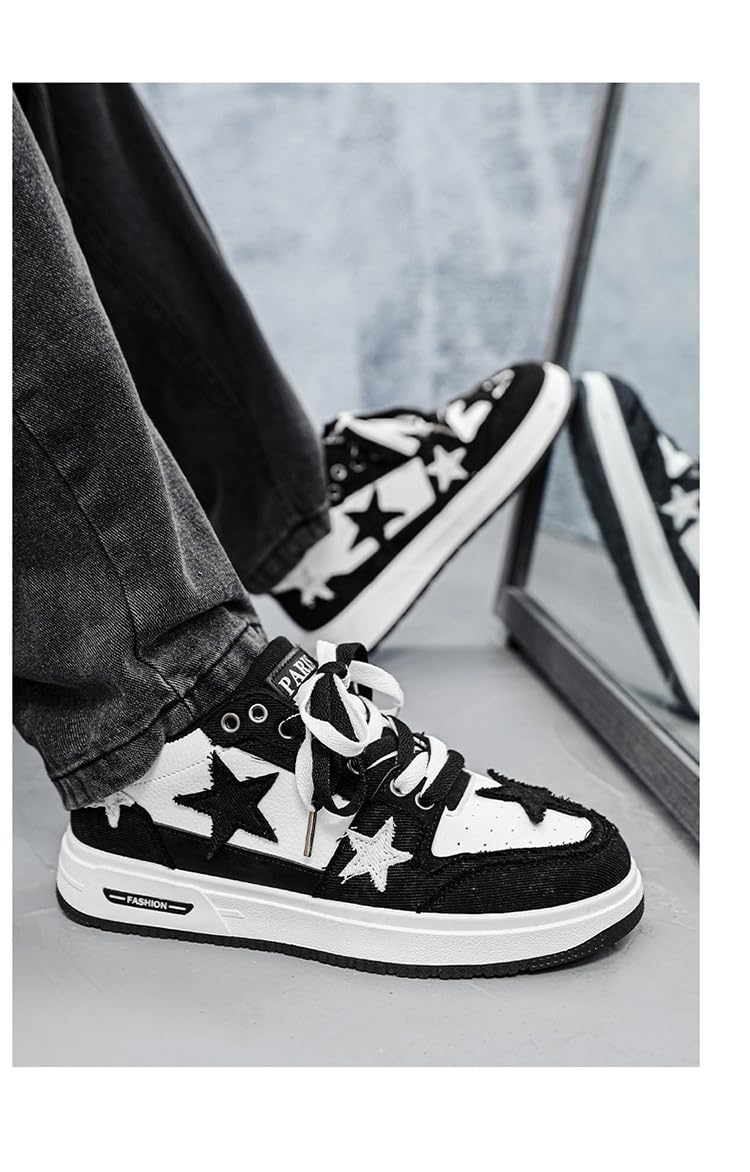 Y2K Retro Mixed Media Platform Skate Sneakers for Men Casual Streetwear Fashion with Raw Edge Distressed Star Applique