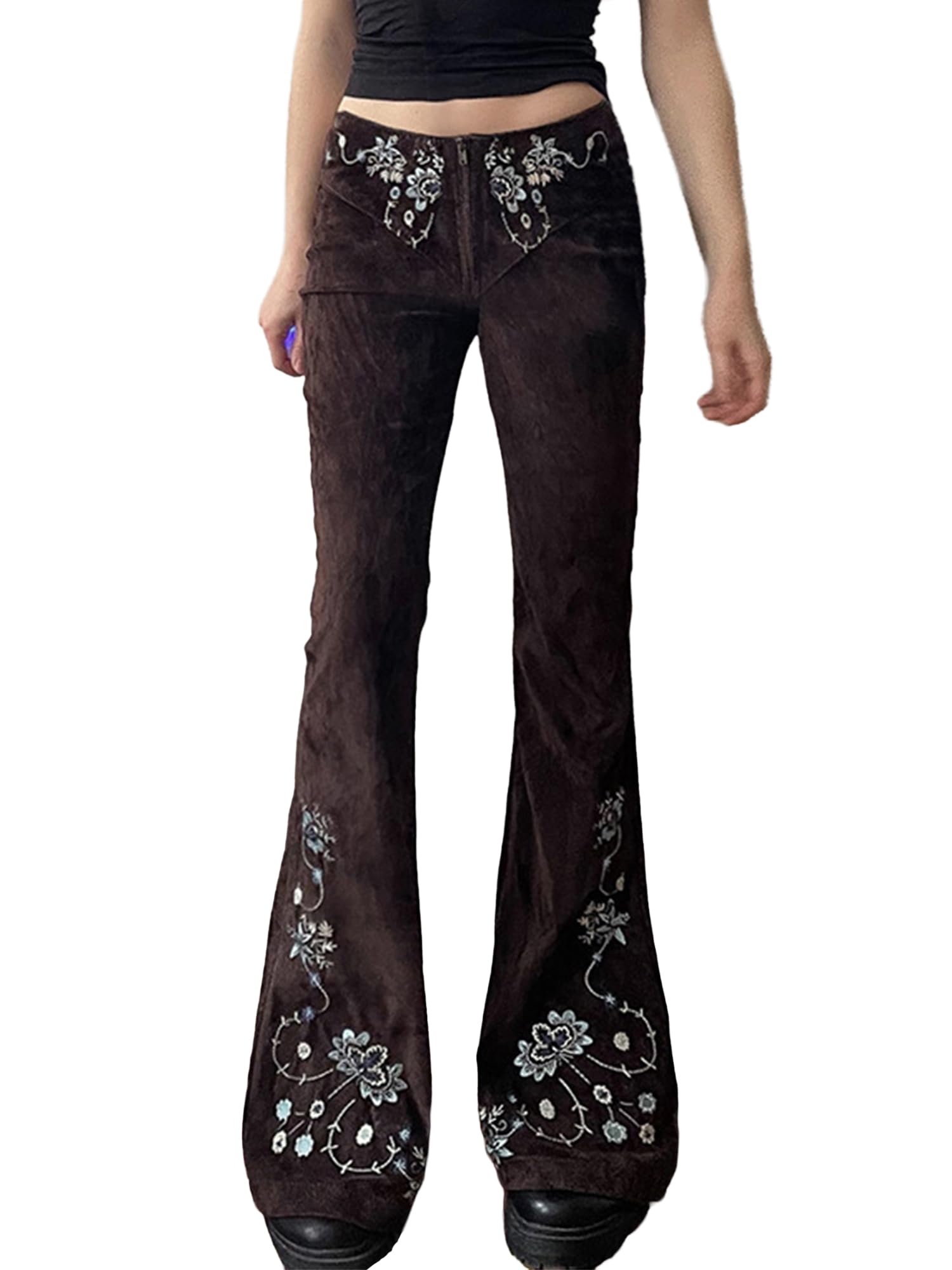 Women Bell Bottom Jeans Stretchy Flare Mid Rise Embroidery Vintage Denim Pants 90s Outfits Y2k Clothes