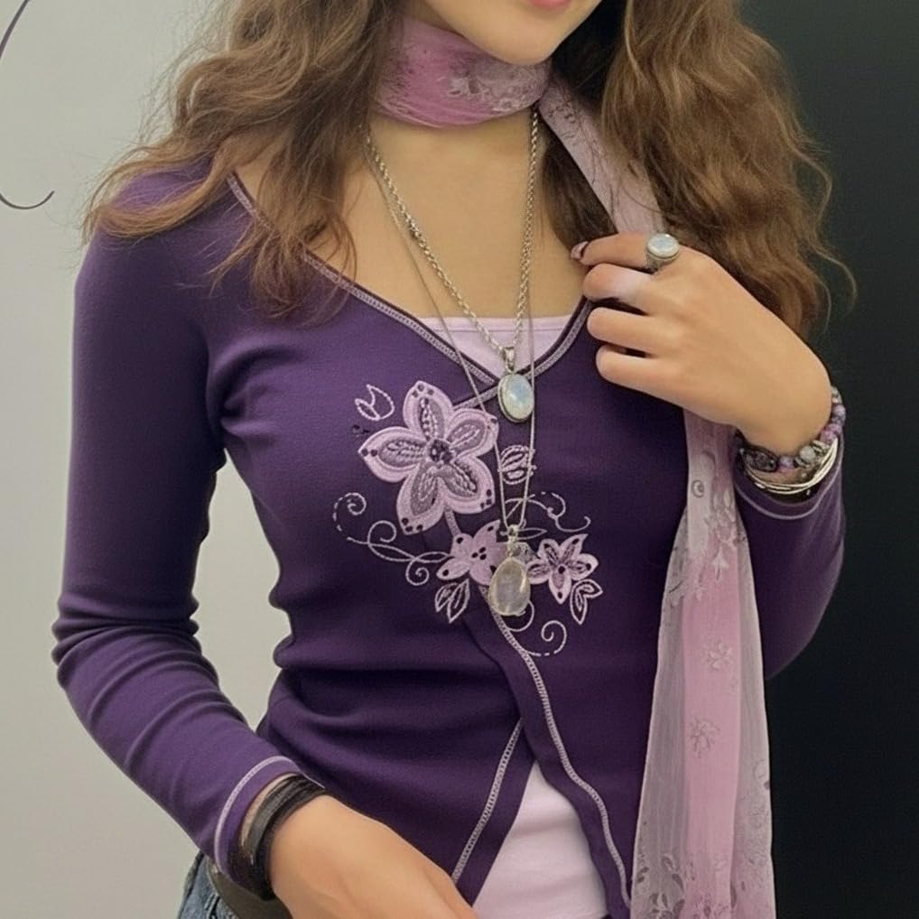 Y2k V Neck Floral Tops Women Fairy Grunge Vintage Long Sleeve Top 2000s Emo Graphic Cute Teen Girls Clothe