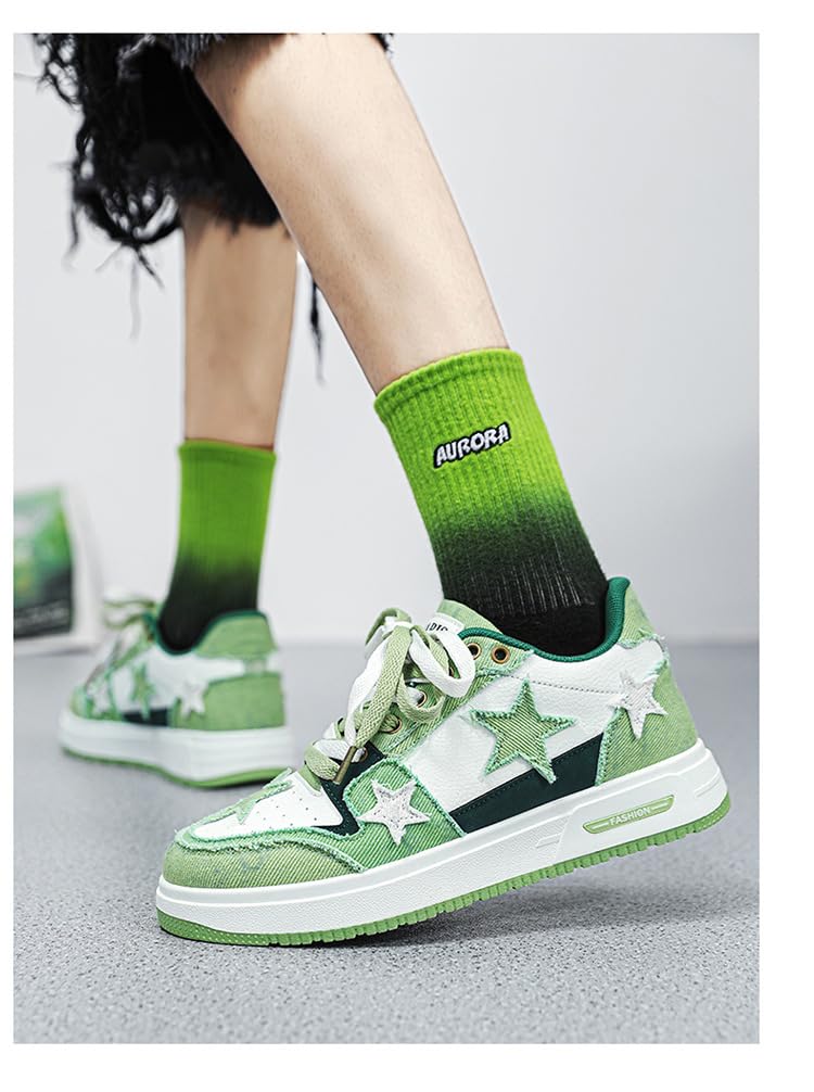 Y2K Retro Mixed Media Platform Skate Sneakers for Men Casual Streetwear Fashion with Raw Edge Distressed Star Applique