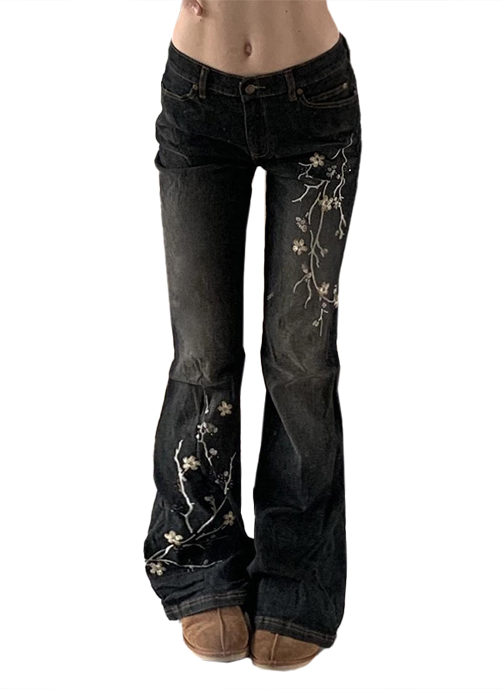 Women Bell Bottom Jeans Stretchy Flare Mid Rise Embroidery Vintage Denim Pants 90s Outfits Y2k Clothes