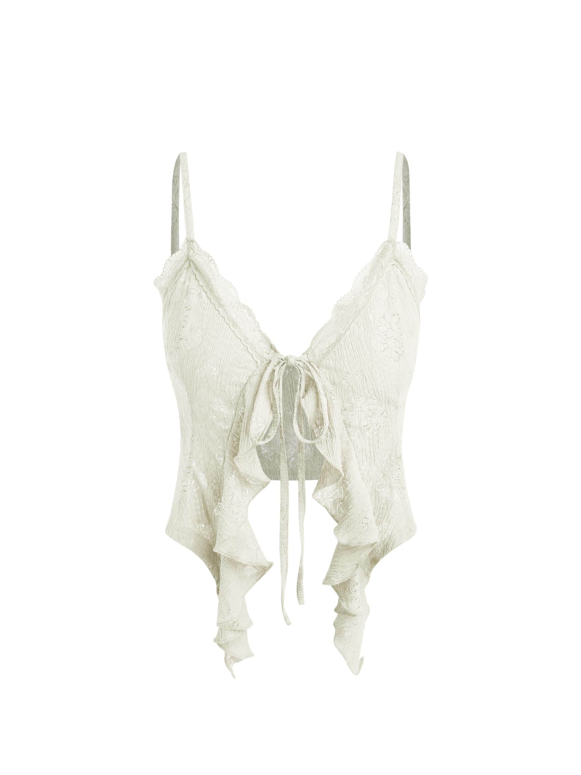 CIDER Going Out Tops for Women Y2K Tie Front Asymmetrical Ruffle Hem Lace Spaghetti Strap Cowgirl Crop Tops