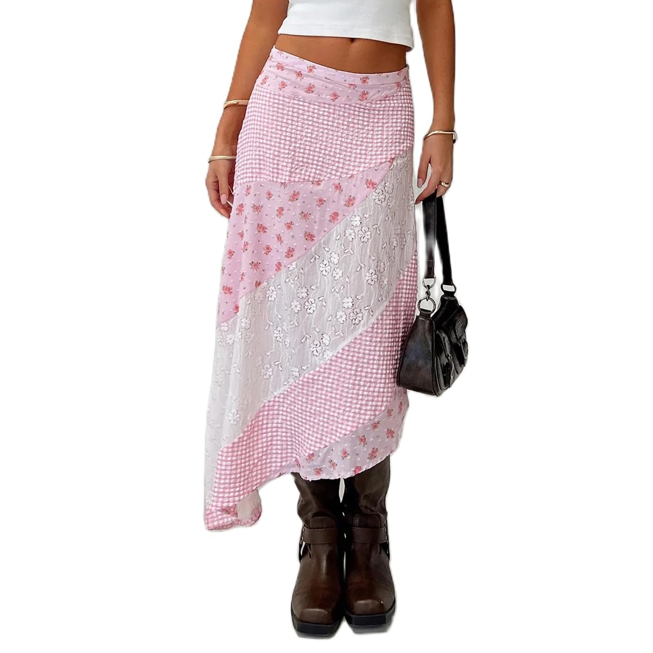 Women Y2K Maxi Skirt Coquette Hight Waist Lace Patchwork Irregular Hem Flowy Midi Skirt Summer Vacation Beachwear